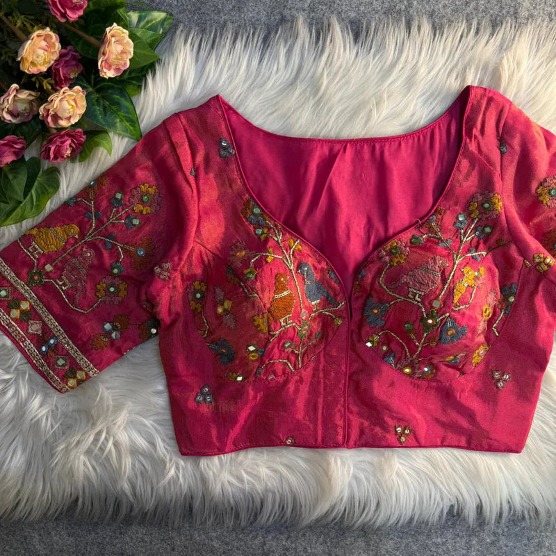 Rani Pink Bird Motif Mirror Work Blouse Cosmos Silk Designer Partywear