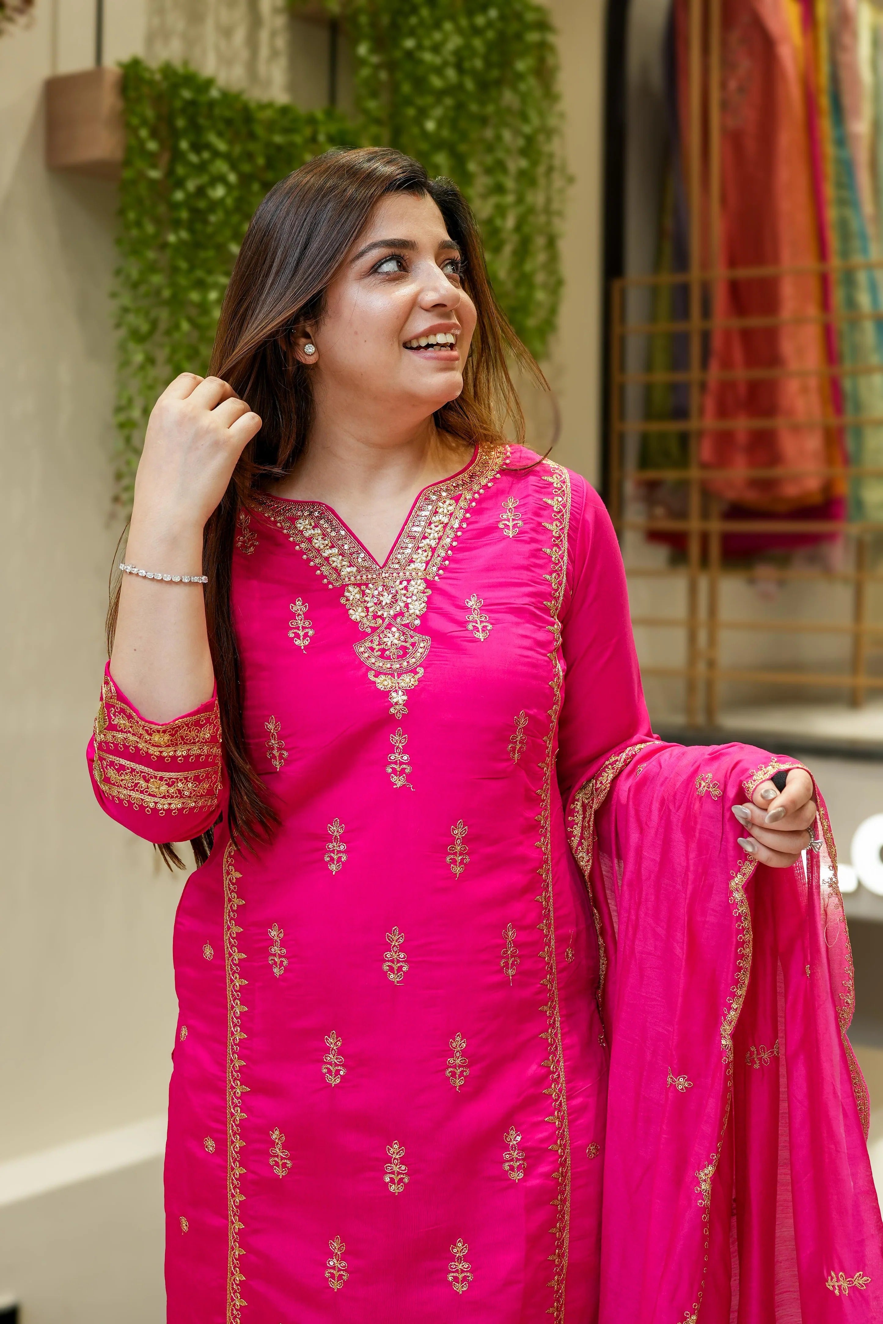Rani Pink Chanderi Silk Kurta Pant Set With Thread Embroidered With Sequins Work