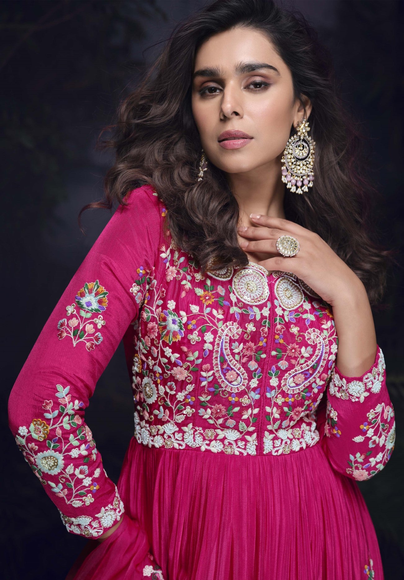 Rani Pink Chinon Silk Gown With Handcrafted Embroidery