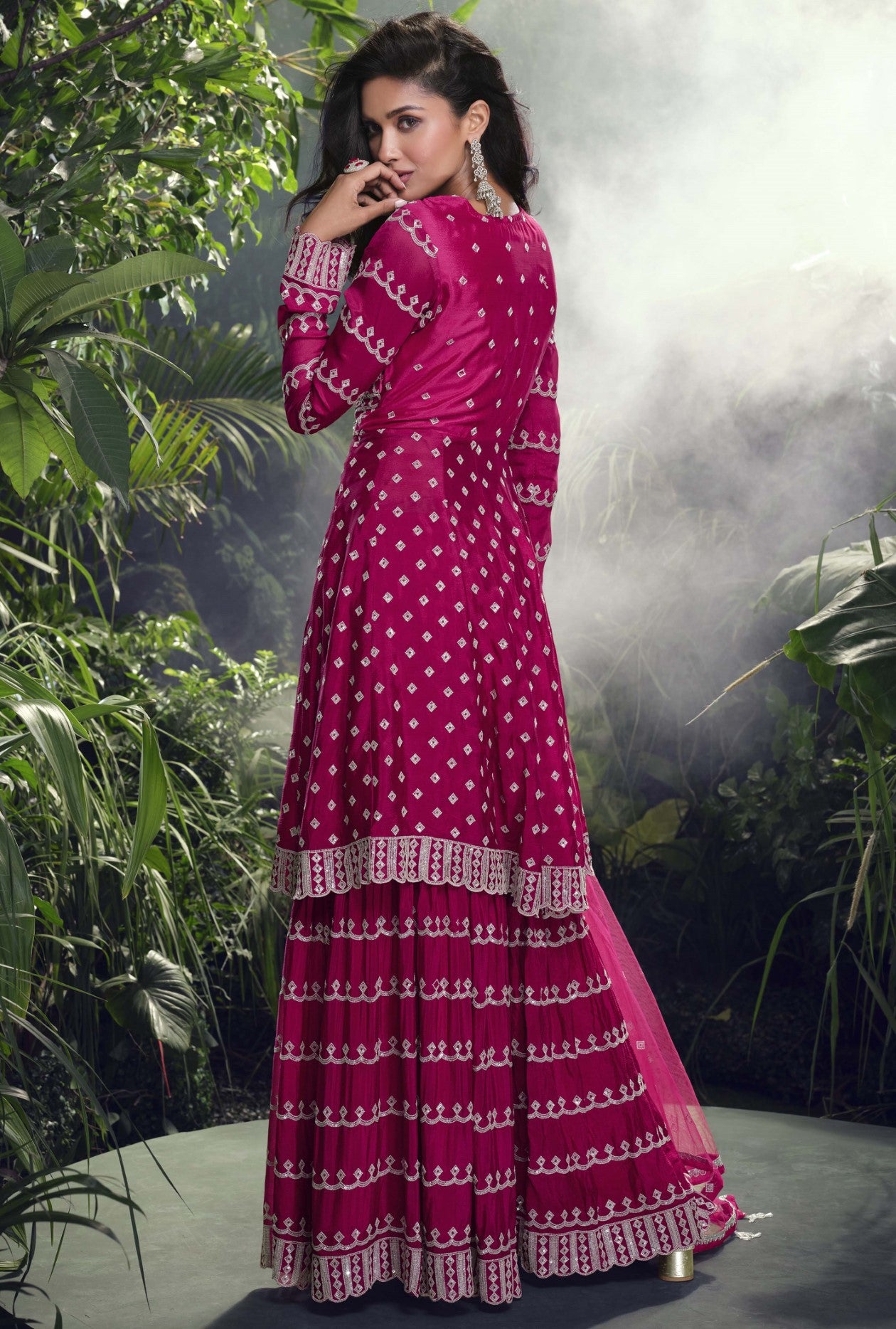 Rani Pink Chinon Silk Palazzo Suit With Mirror Embroidery