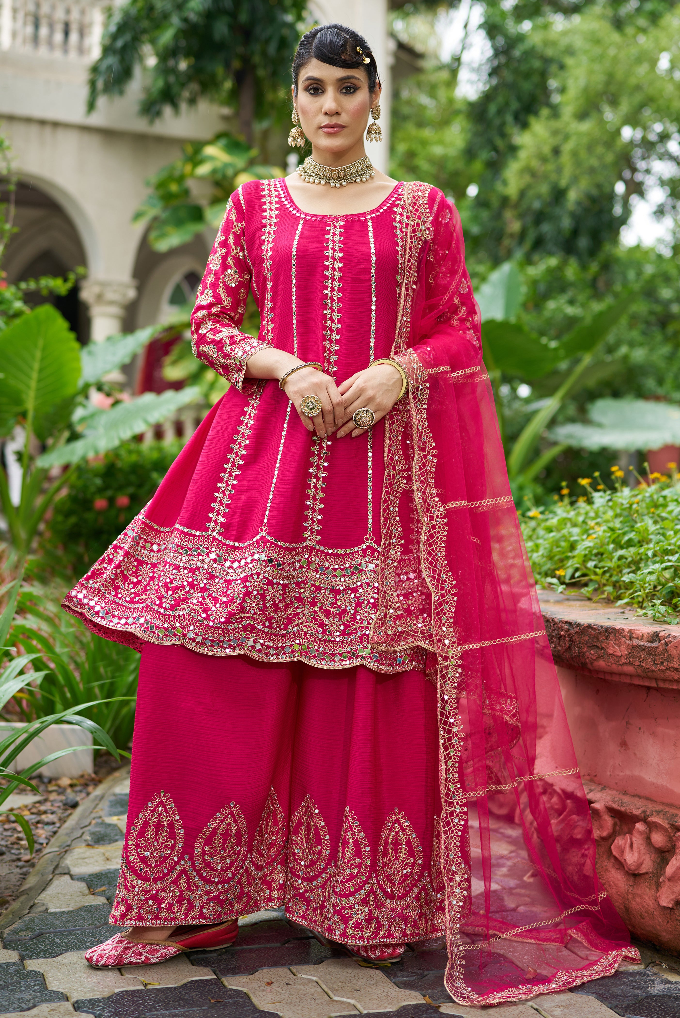 Rani Pink Chinon Silk Salwar Suit With Real Mirror Work