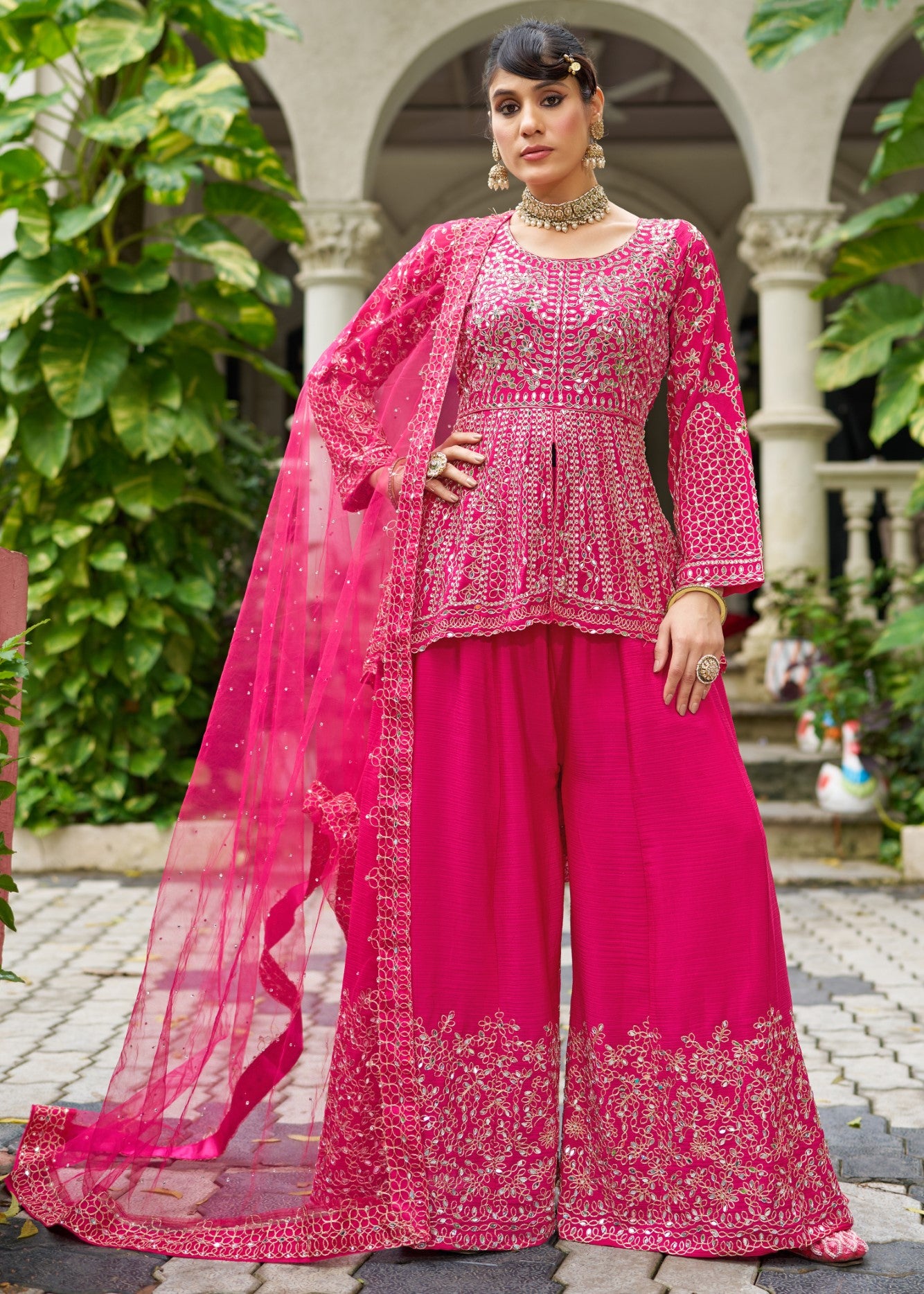 Rani Pink Chinon Silk Salwar Suit With Real Mirror Work