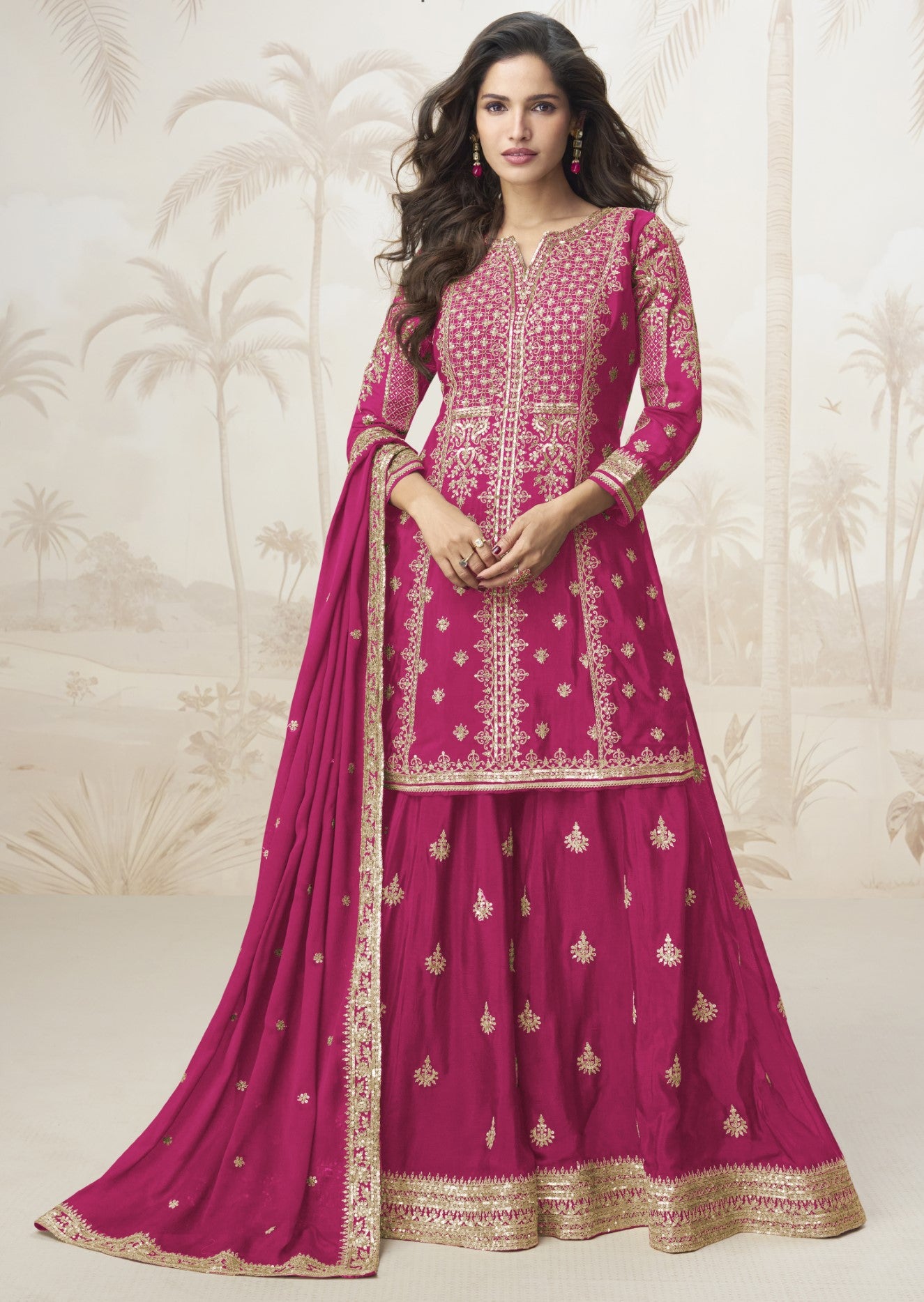 Rani Pink Chinon Silk Salwar Suit With Zari Sequin Embroidery