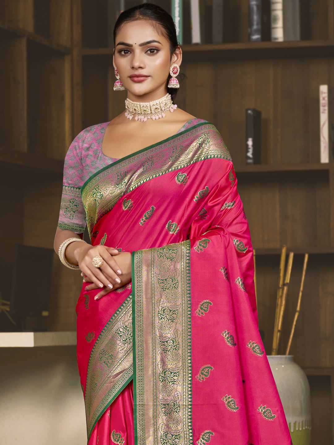 Rani Pink Color Jacquard Silk Saree