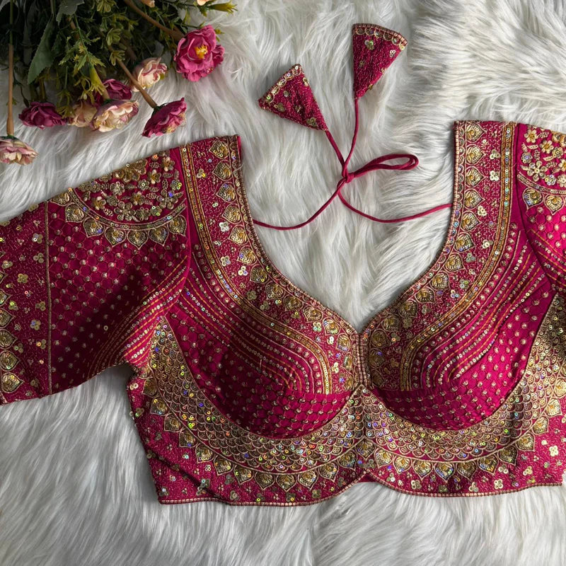 Rani Pink Designer Bridal Blouse with Heavy Stars, Rainbow & Sequins Work Roman Silk