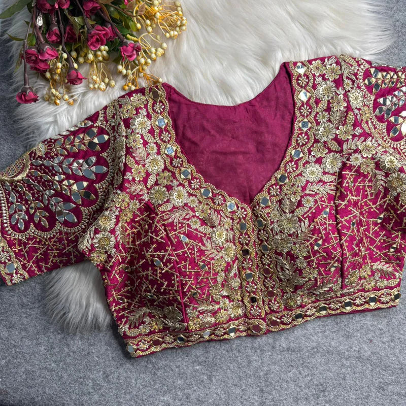 Rani Pink Designer Roman Silk Bridal Blouse with Mayur Mirror Work & Sequence Thread Work, Embroidery & Sequins