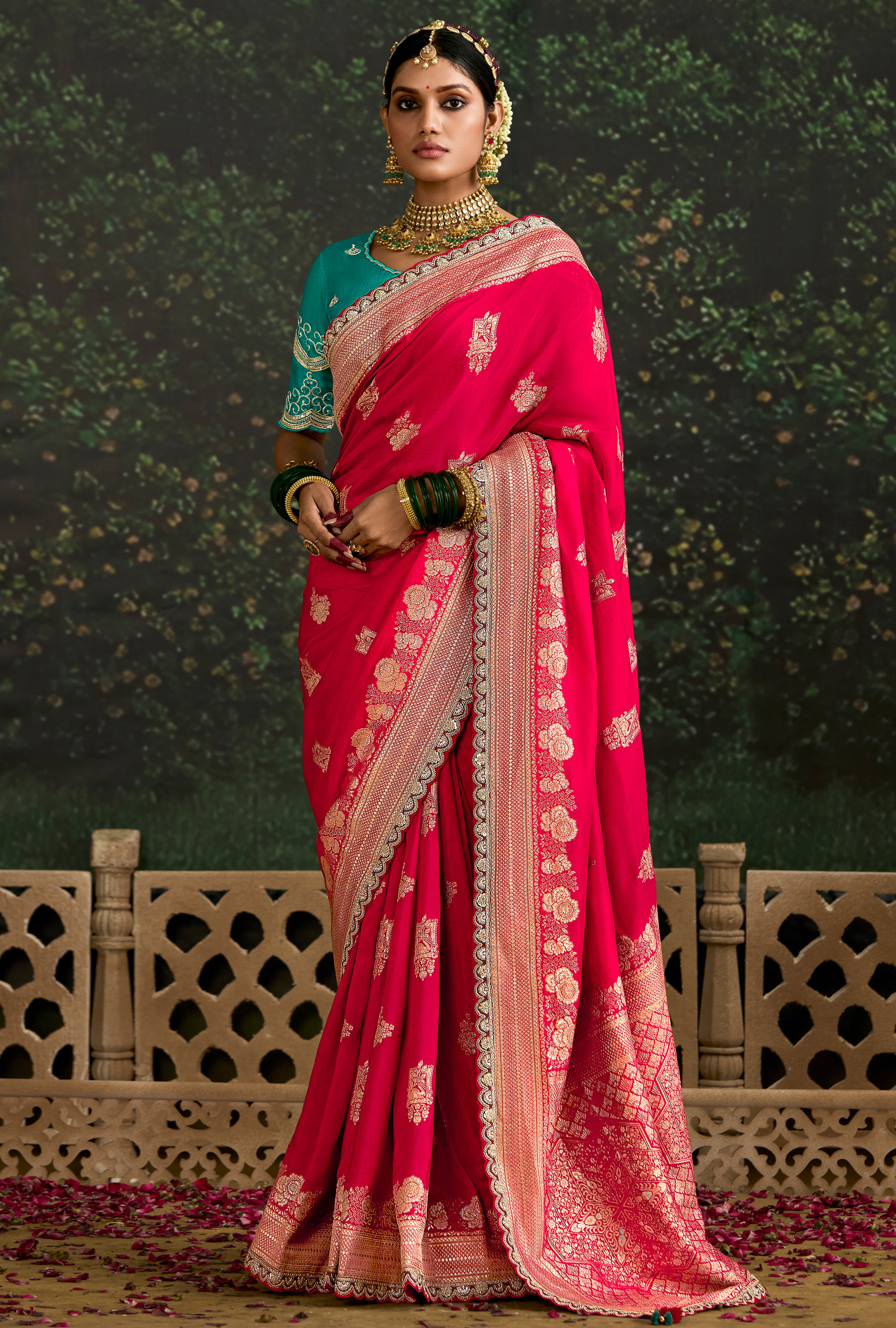 Rani Pink Dola Silk Saree With Jacquard Woven with Embroidered Lace Border