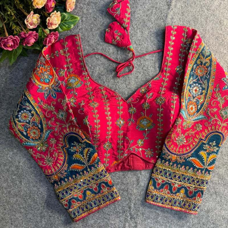 Rani Pink Elegant Heavy Position Work Long Sleeve Blouse Pure Crepe Embroidered & Sequined Partywear