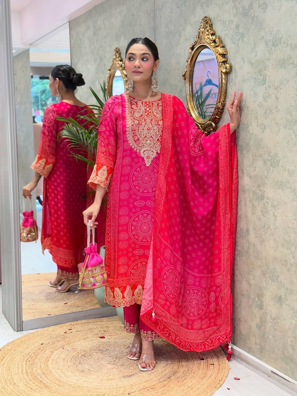 Rani Pink French Crepe Kurta Pant Set With Bandhani Print With Heavy Thread Embroidered Work