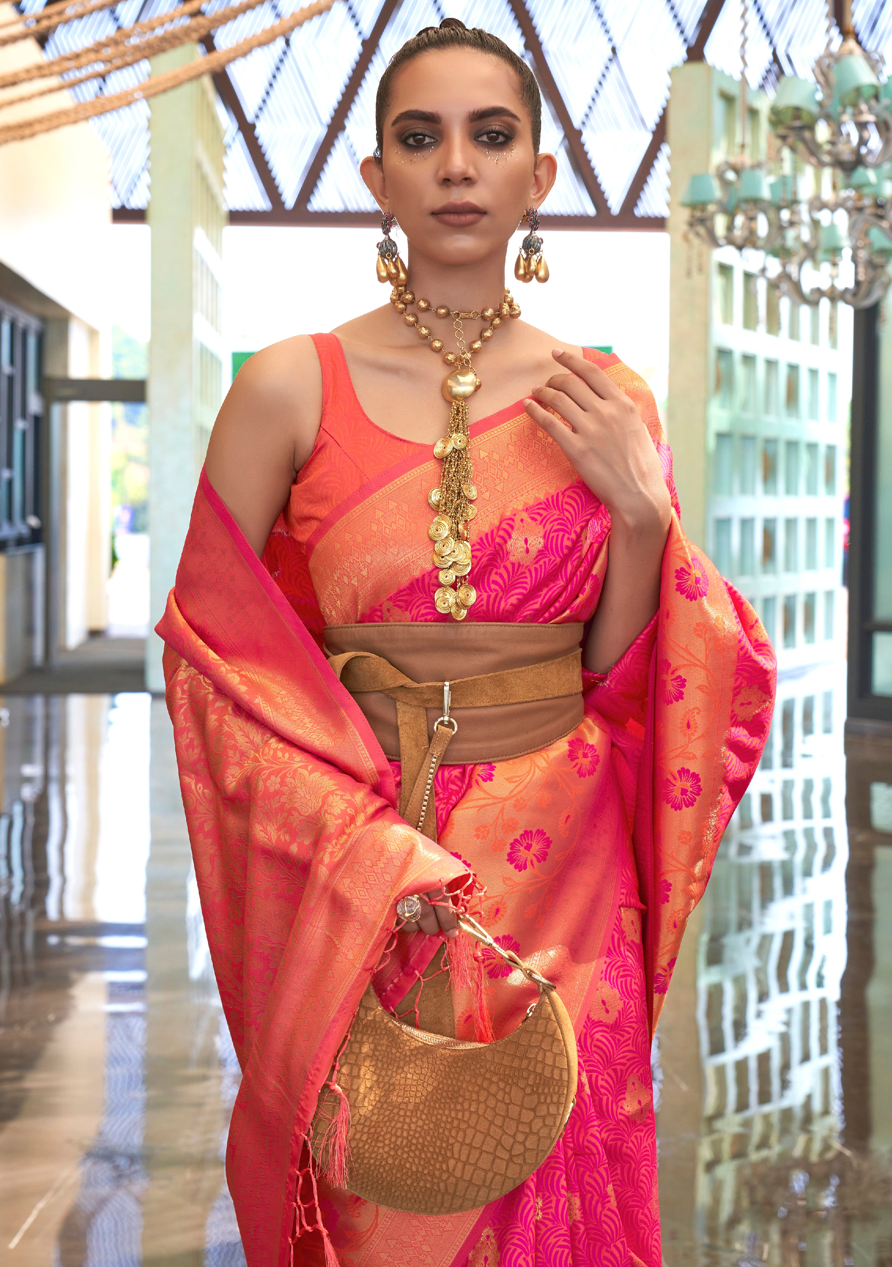 Rani Pink Handloom Silk Saree With Jacquard Woven Work