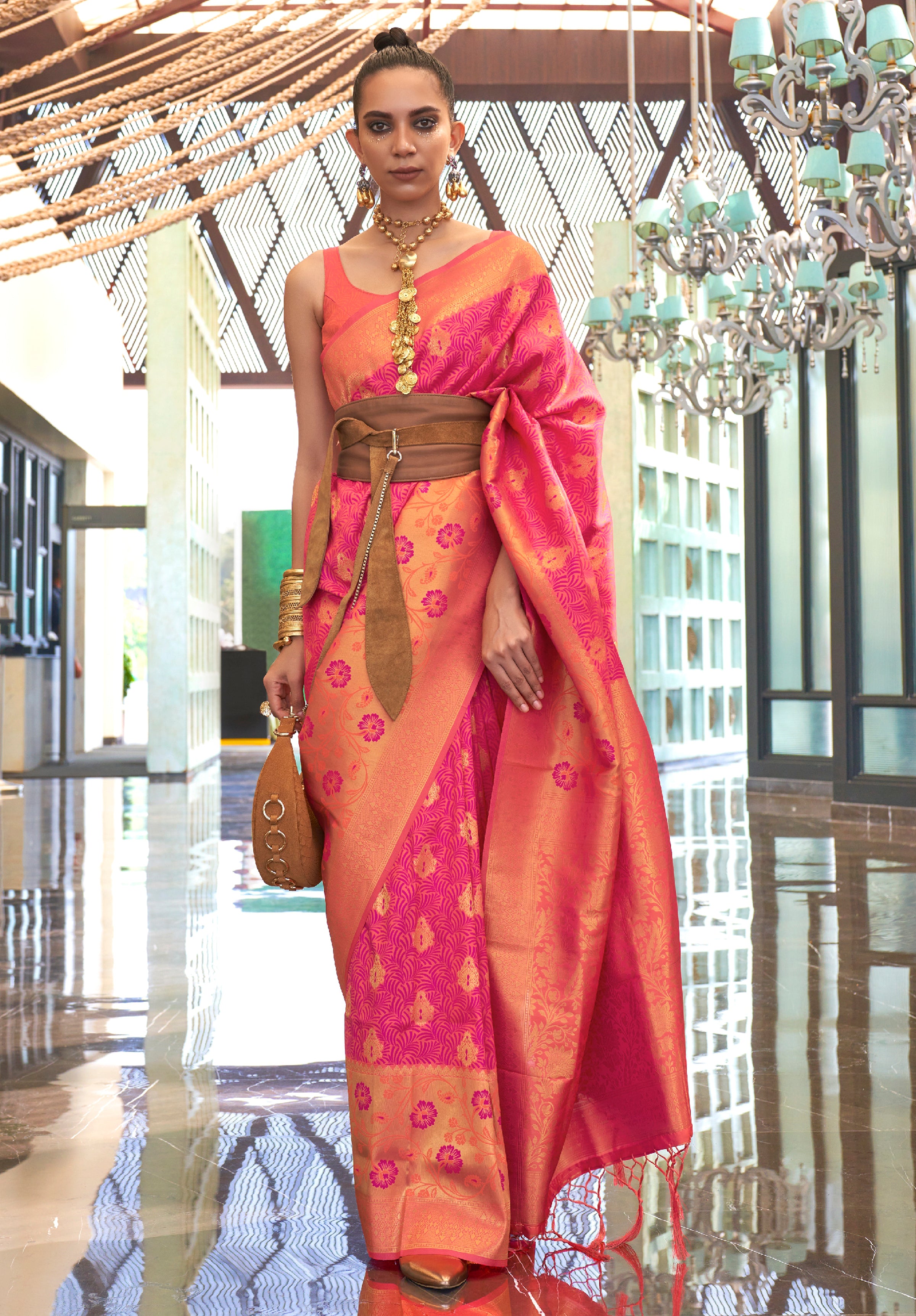 Rani Pink Handloom Silk Saree With Jacquard Woven Work