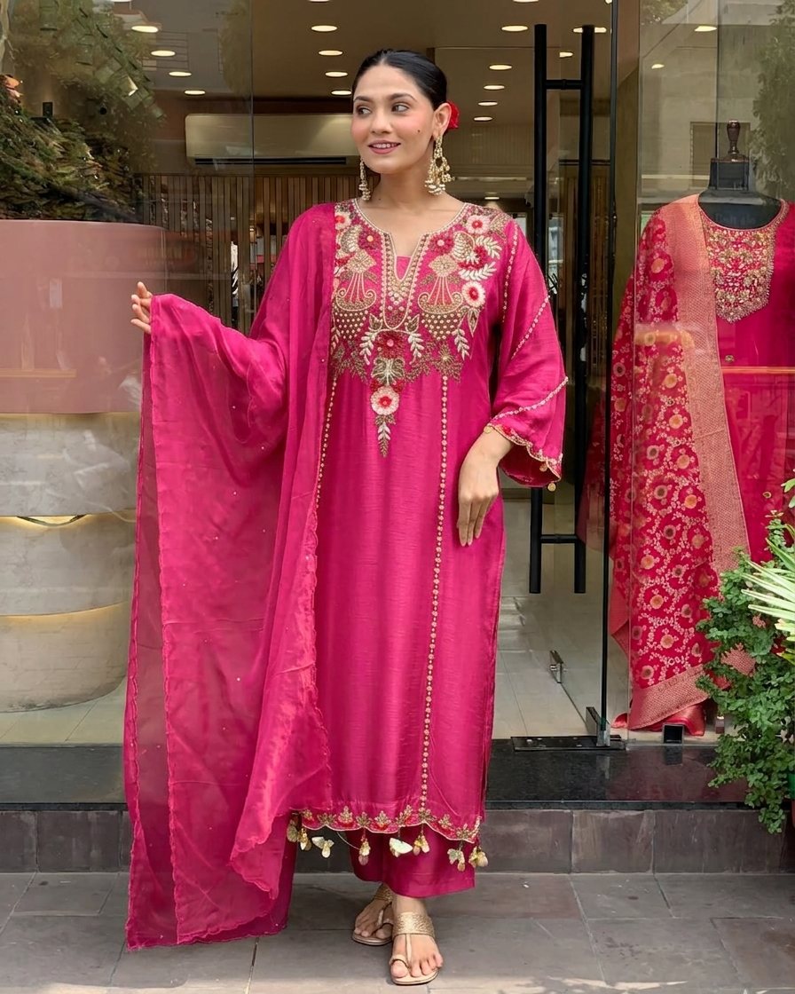 Rani Pink P.V Chanderi Kurta Pant Set With Heavy Thread Embroidery Work