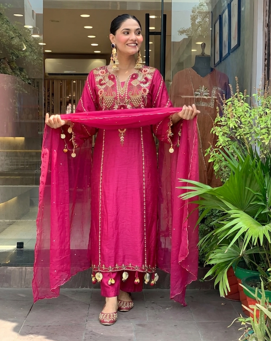 Rani Pink P.V Chanderi Kurta Pant Set With Heavy Thread Embroidery Work