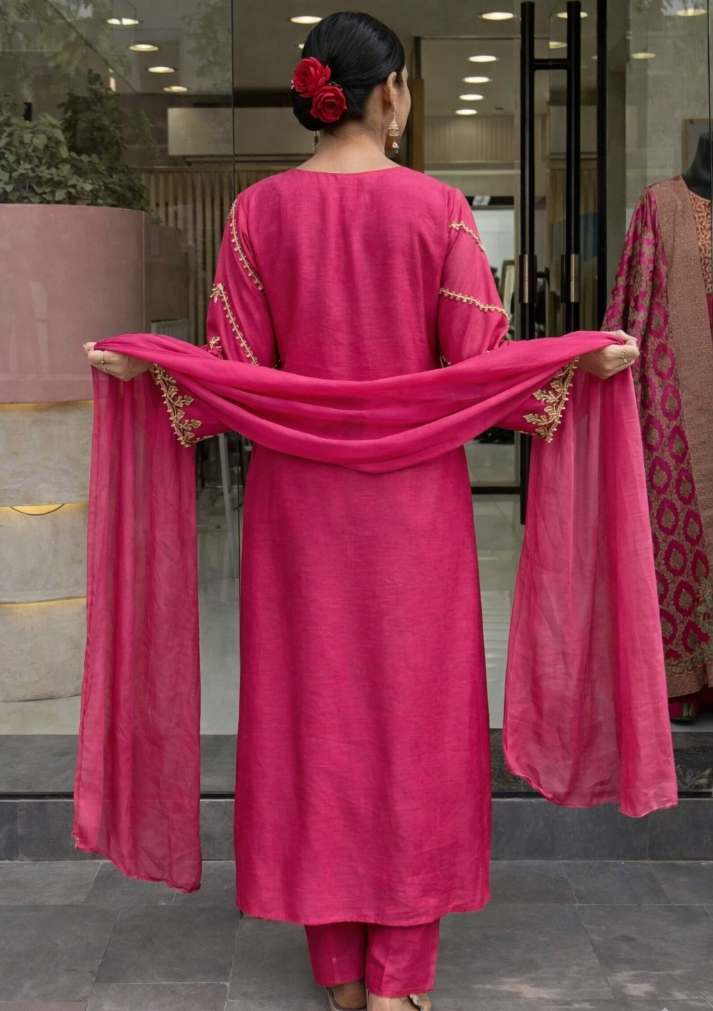 Rani Pink P.V Chanderi Kurta Pant Set With Heavy Thread Embroidery Work