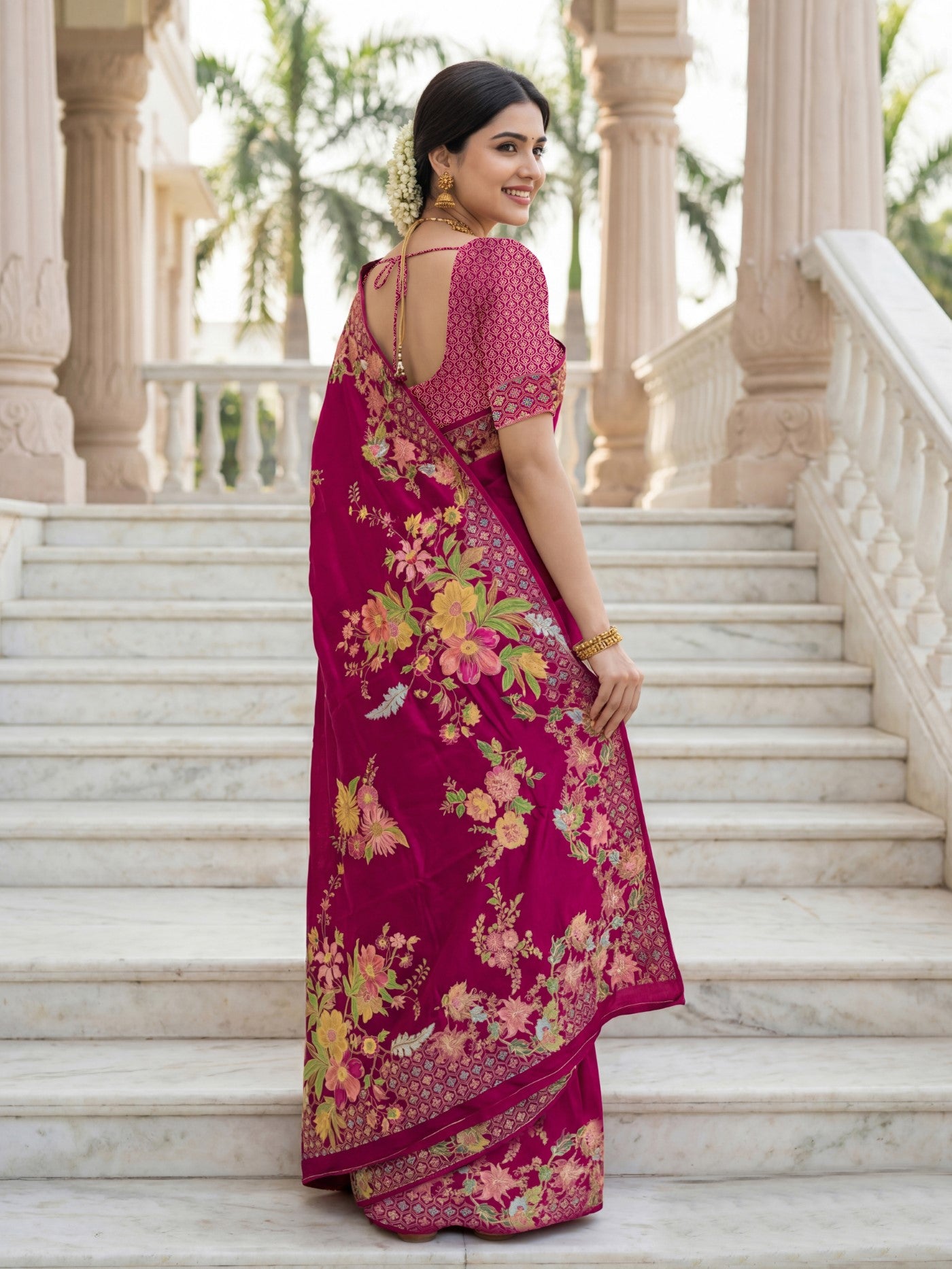 Rani Pink Premium Russian Silk Saree With Designer Floral Position Print