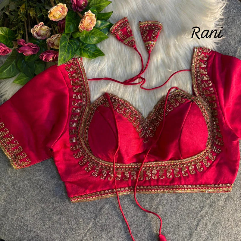 Rani Pink Royal Beads Work Bridal Blouse Italian Silk Designer Couture Wear