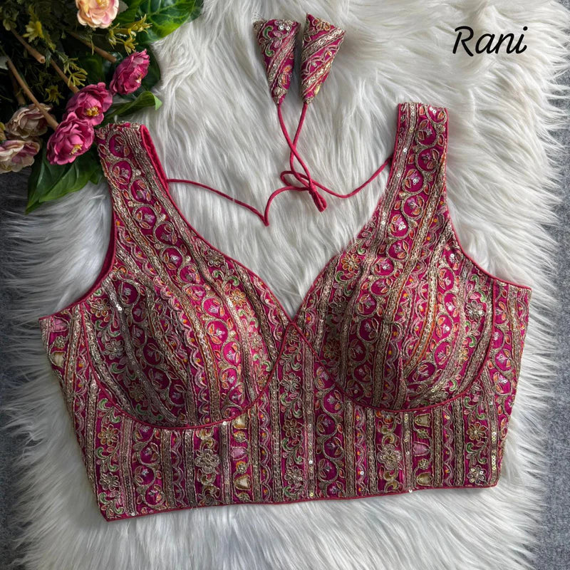 Rani Pink Royal Couture Heavy Neck Position Work Blouse Pure Crepe Embroidered & Sequined Partywear