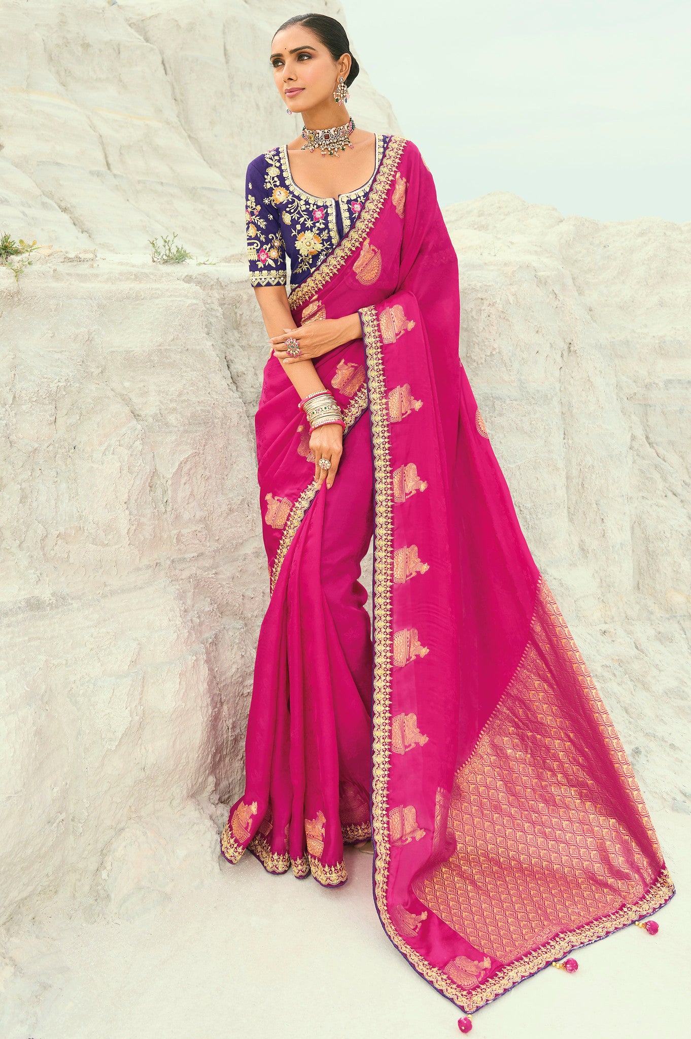 Rani Pink Saree With Coding Border With Cut-Dana, Moti Heavy Work Blouse