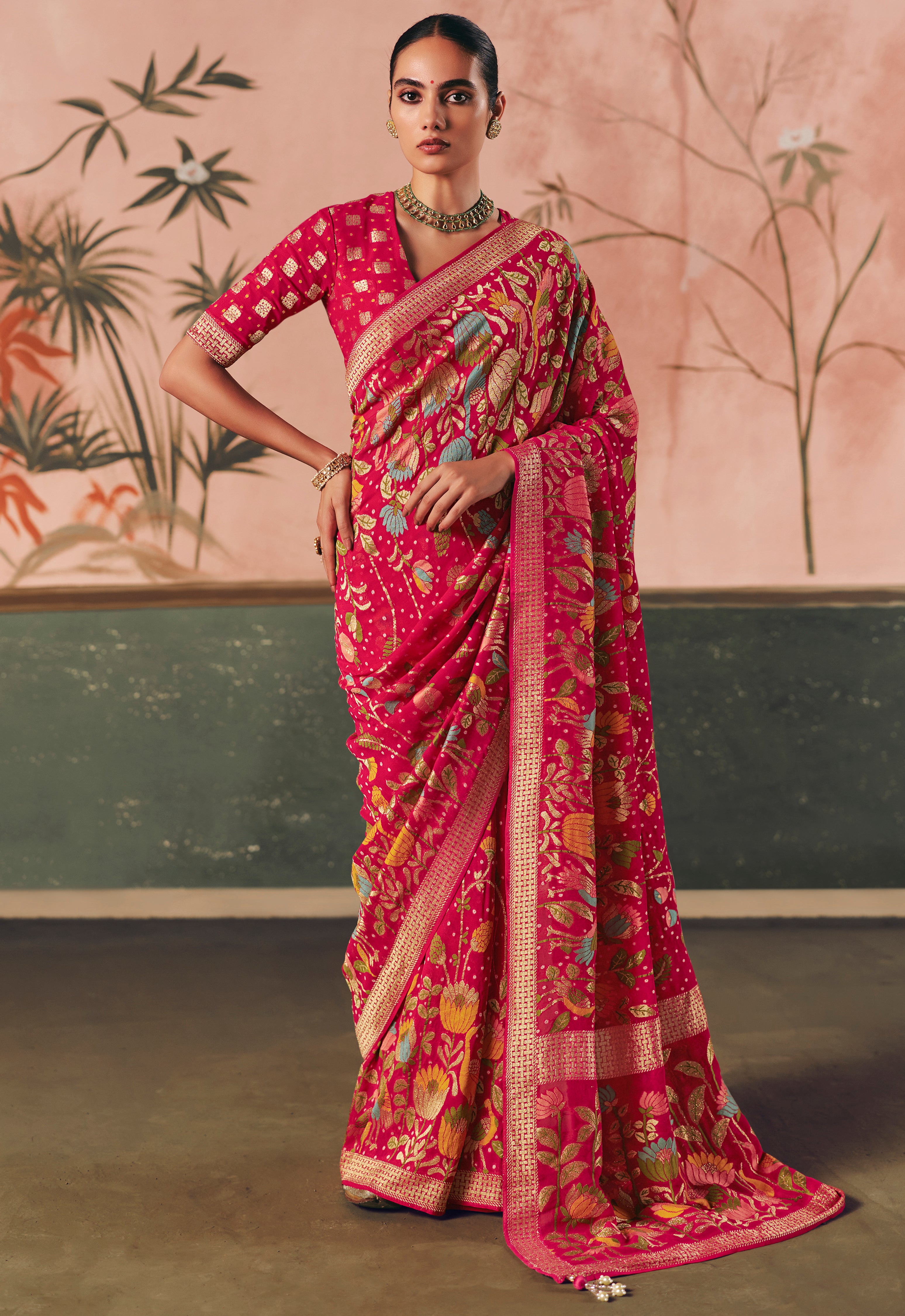 Rani Pink Saree With Designer Bandhej Weaving Work With Beutifull Tassles Attached