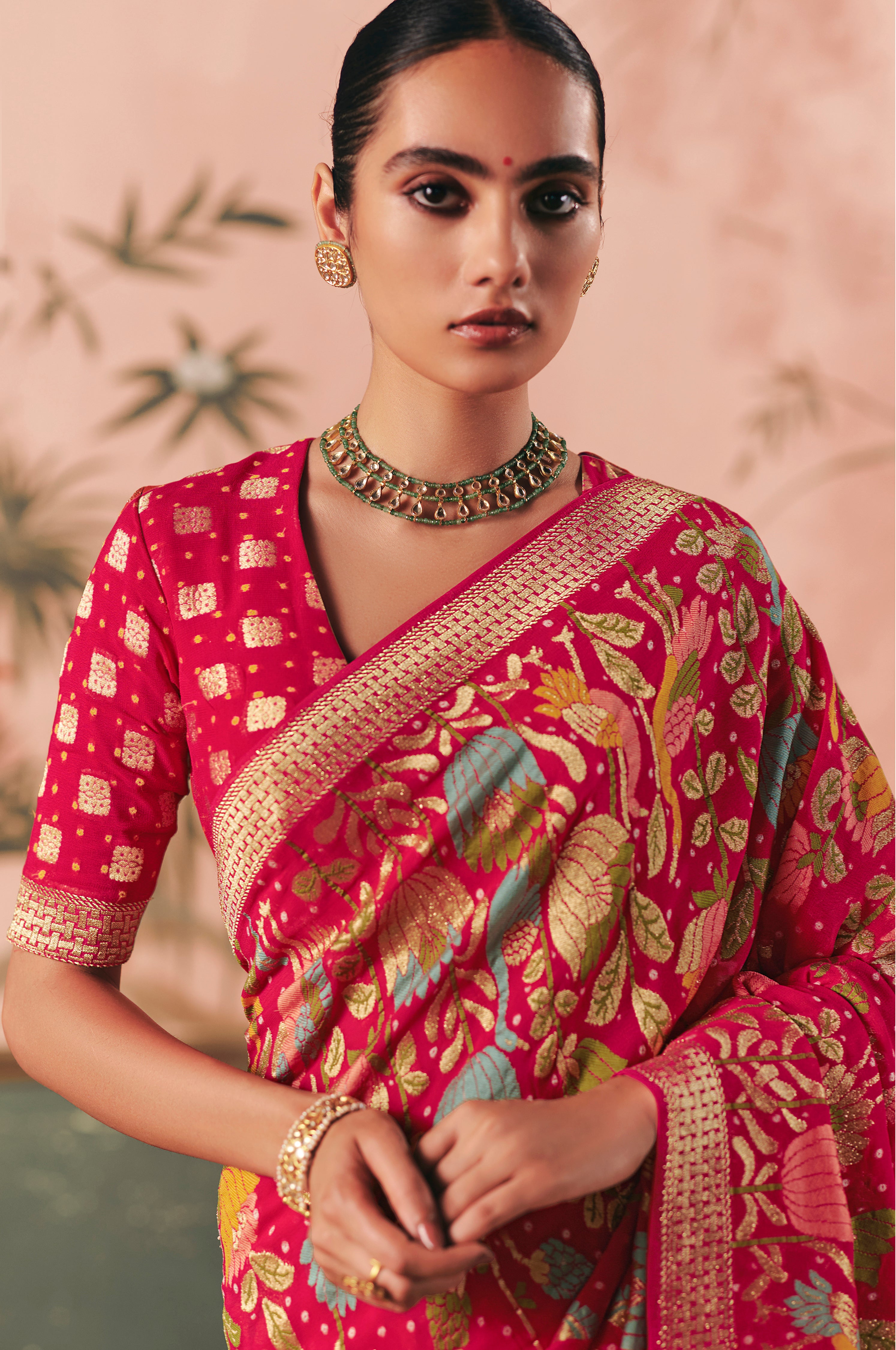 Rani Pink Saree With Designer Bandhej Weaving Work With Beutifull Tassles Attached