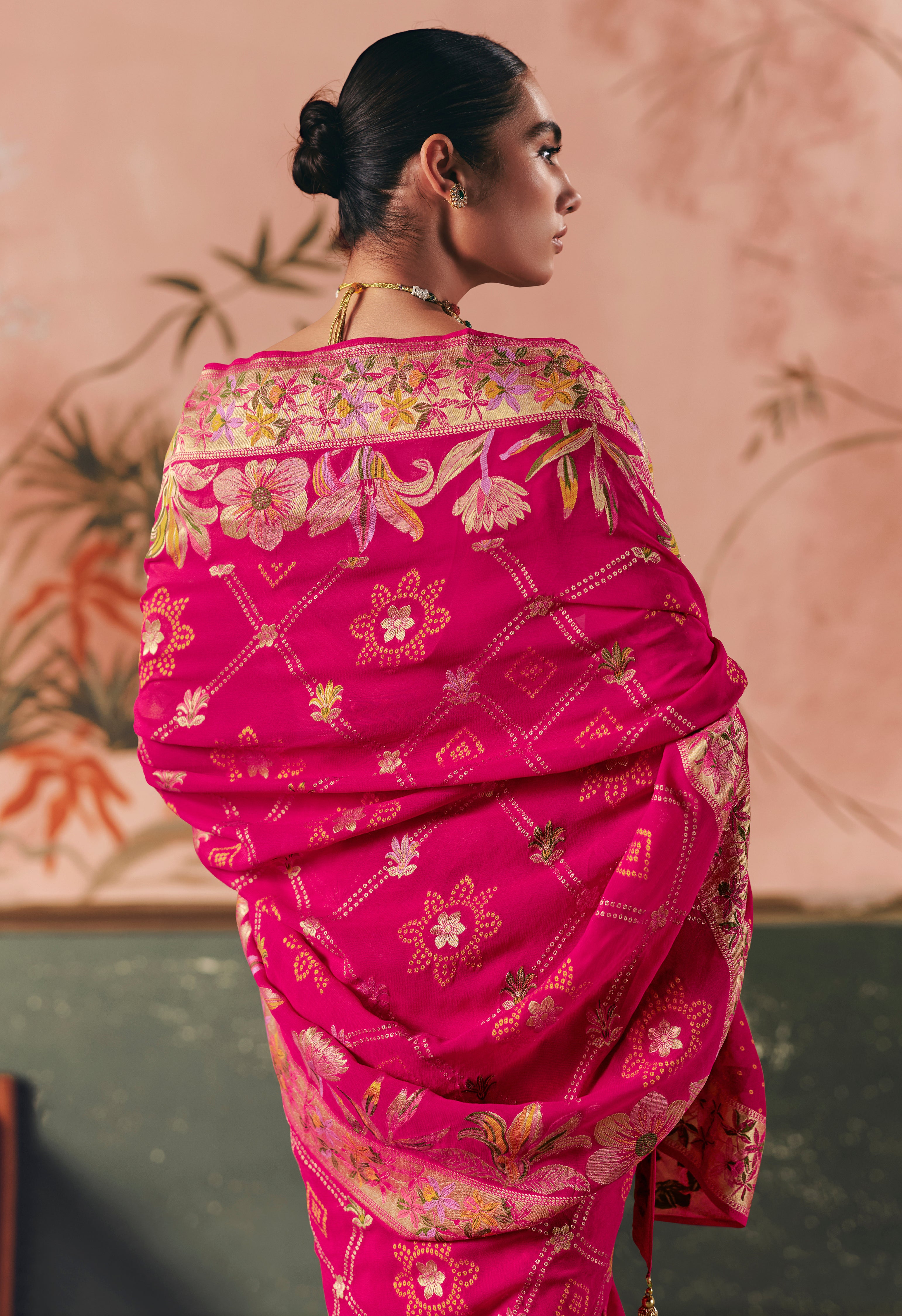 Rani Pink Saree With Designer Bandhej Weaving Work With Beutifull Tassles Attached