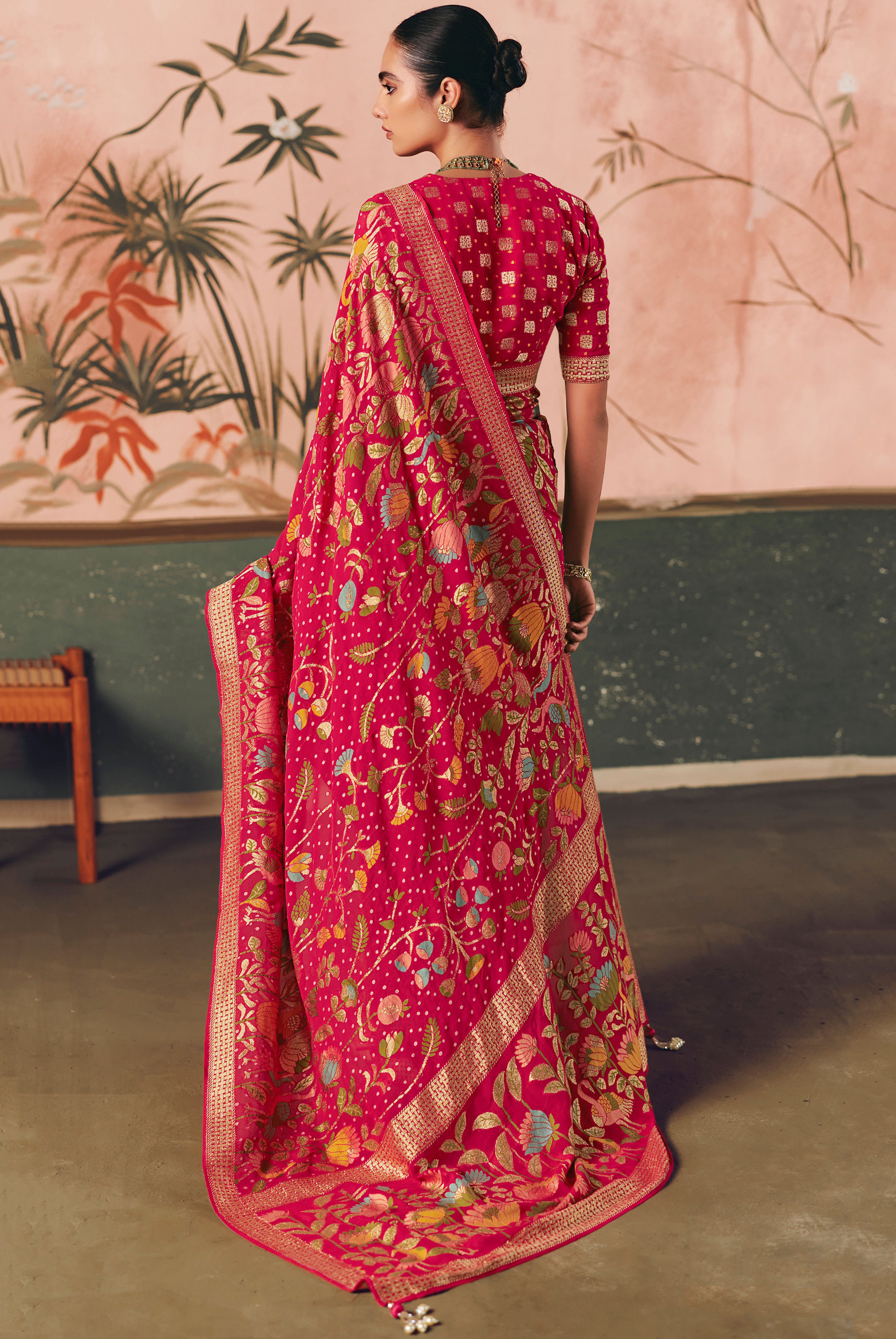 Rani Pink Saree With Designer Bandhej Weaving Work With Beutifull Tassles Attached