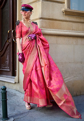 Rani Pink Saree With Handloom Jacquard Woven Work