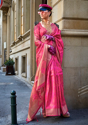 Rani Pink Saree With Handloom Jacquard Woven Work