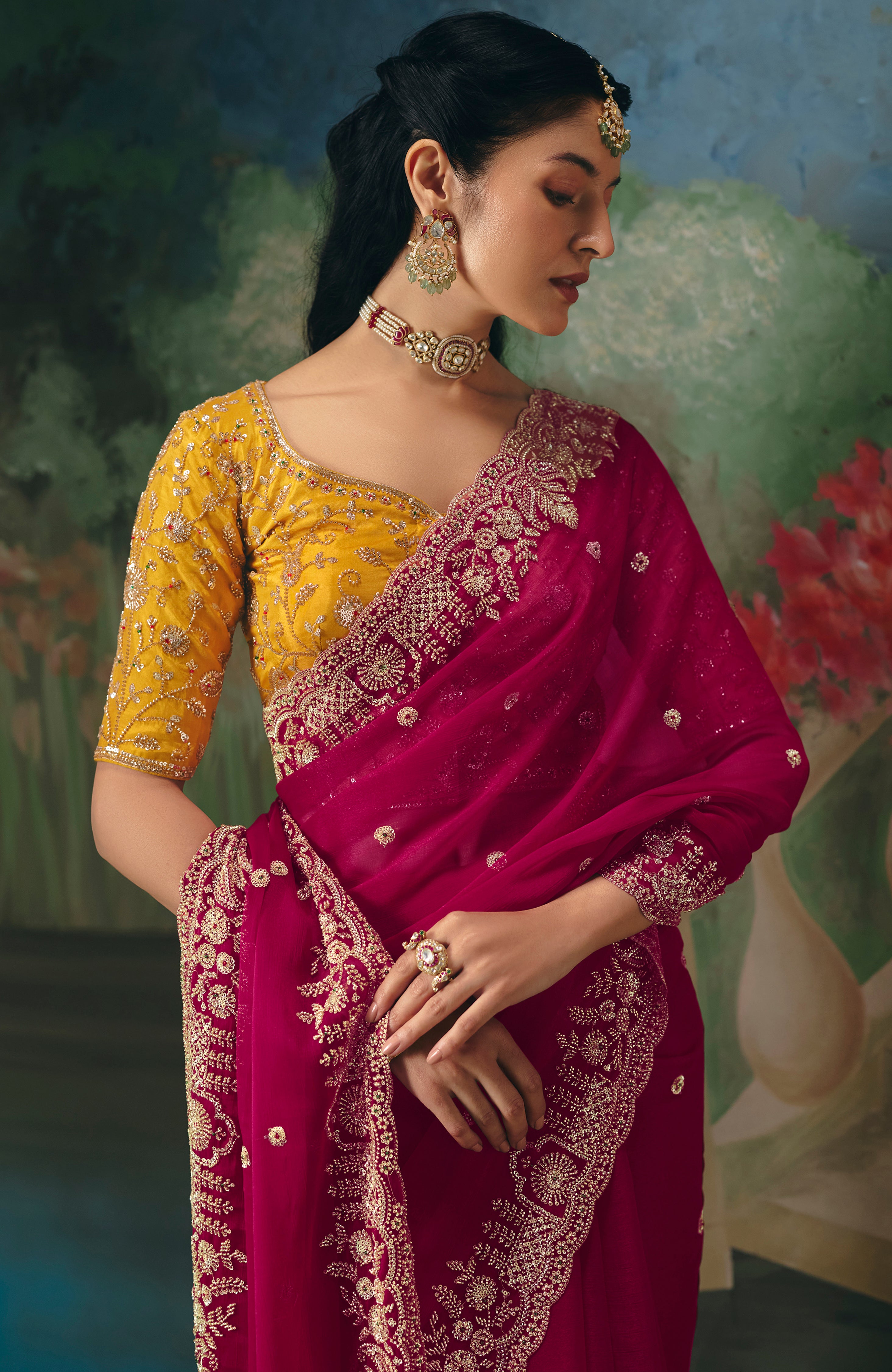 Rani Pink Saree With Heavy Designer Embroidery, Sequince, Stone, With Beads Work