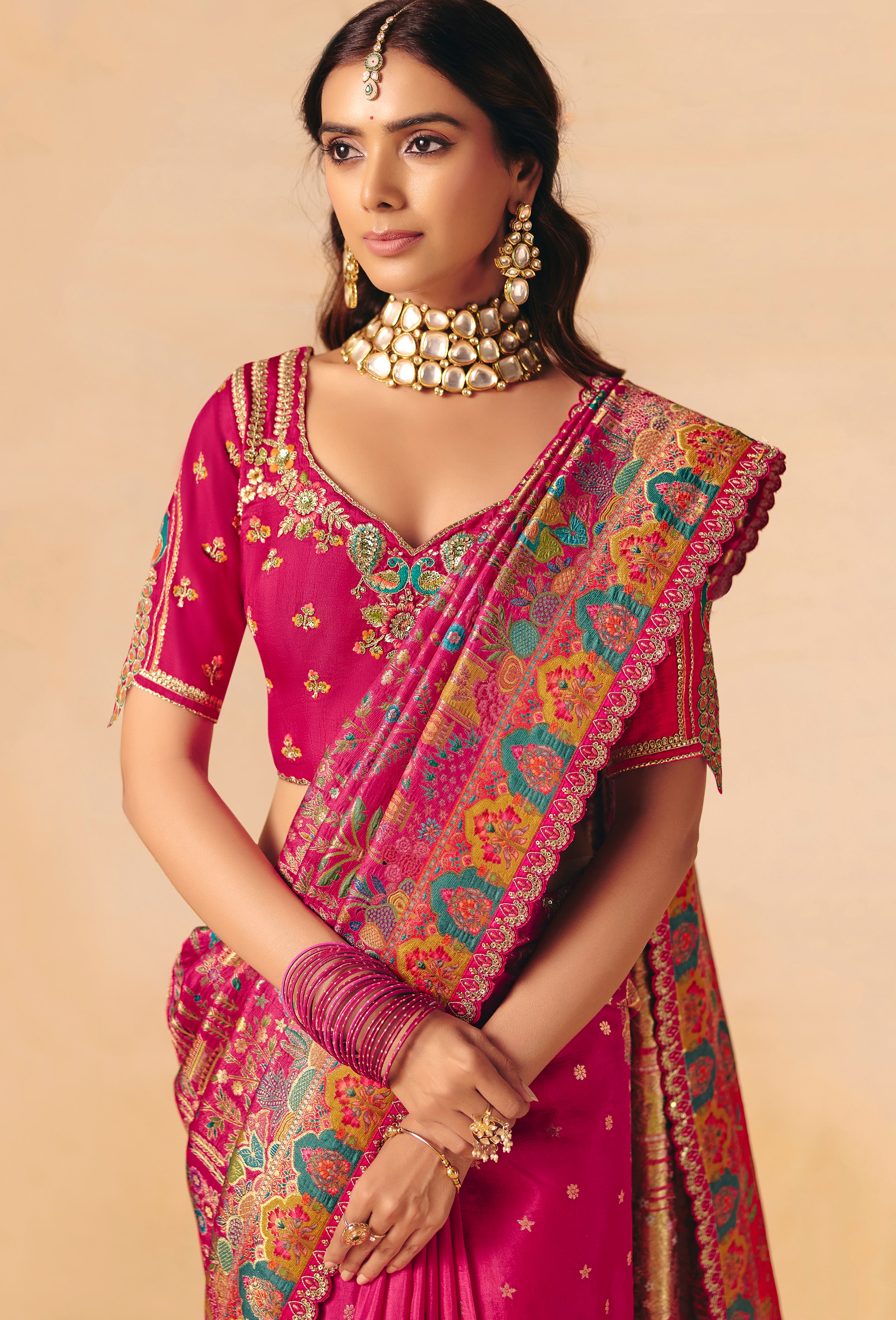 Rani Pink Saree With Heavy Embroidery, Sequin, Thread, and Stone Work On Patli & Cutwork Lace With Heavy Work Blouse