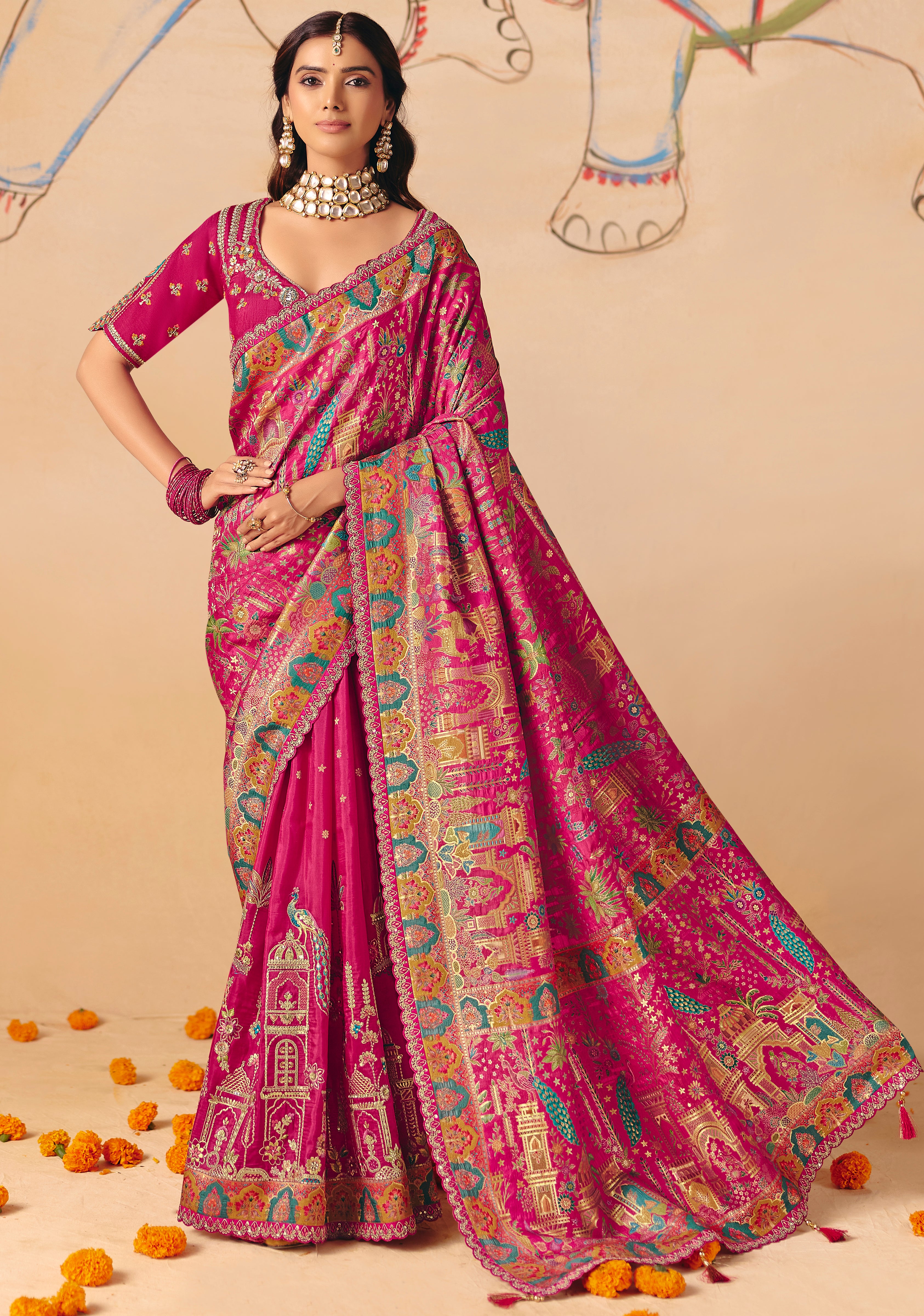 Rani Pink Saree With Heavy Embroidery, Sequin, Thread, and Stone Work On Patli & Cutwork Lace With Heavy Work Blouse