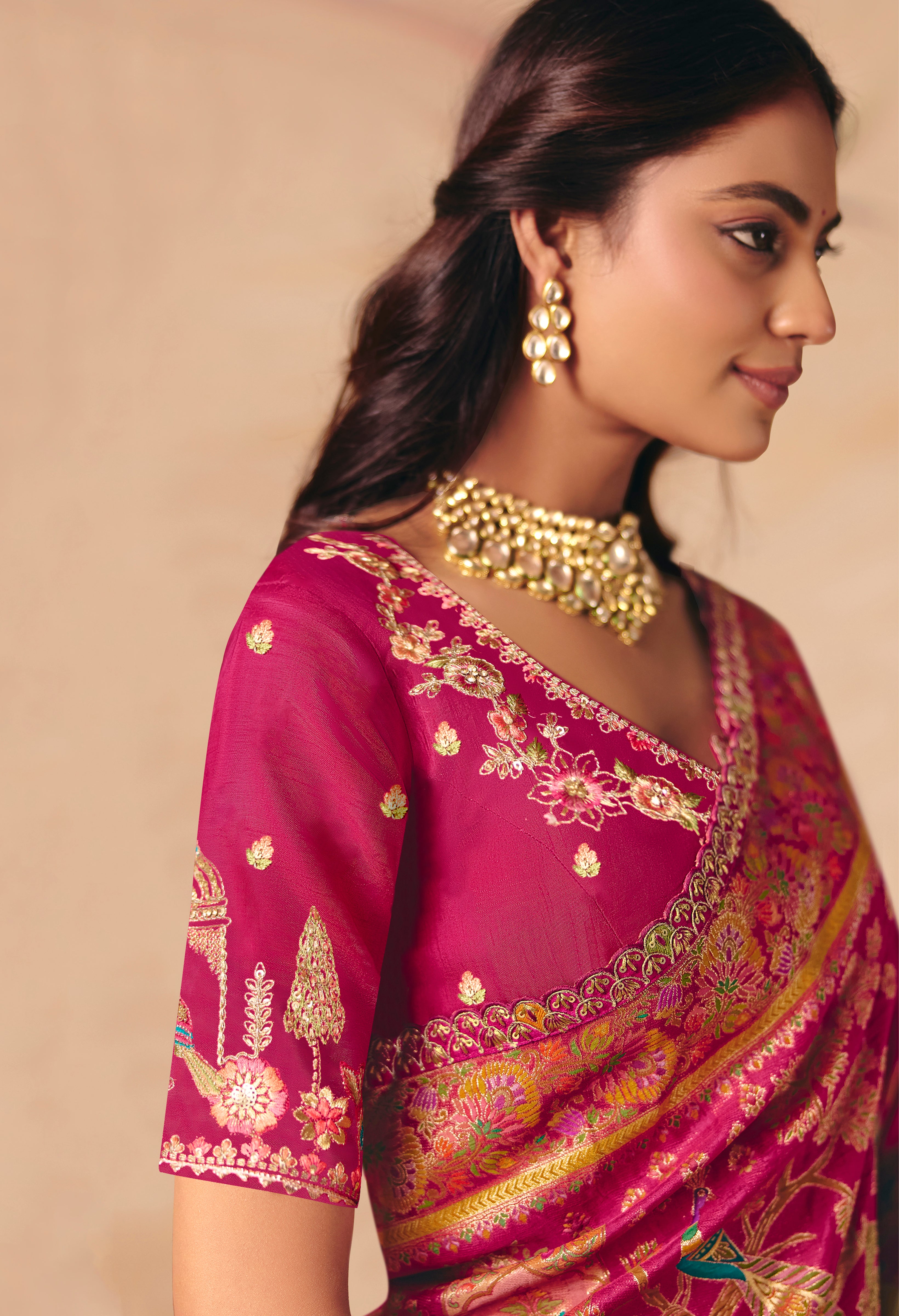 Rani Pink Saree With Heavy Embroidery, Sequin, Thread, and Stone Work On Patli & Cutwork Lace With Heavy Work Blouse