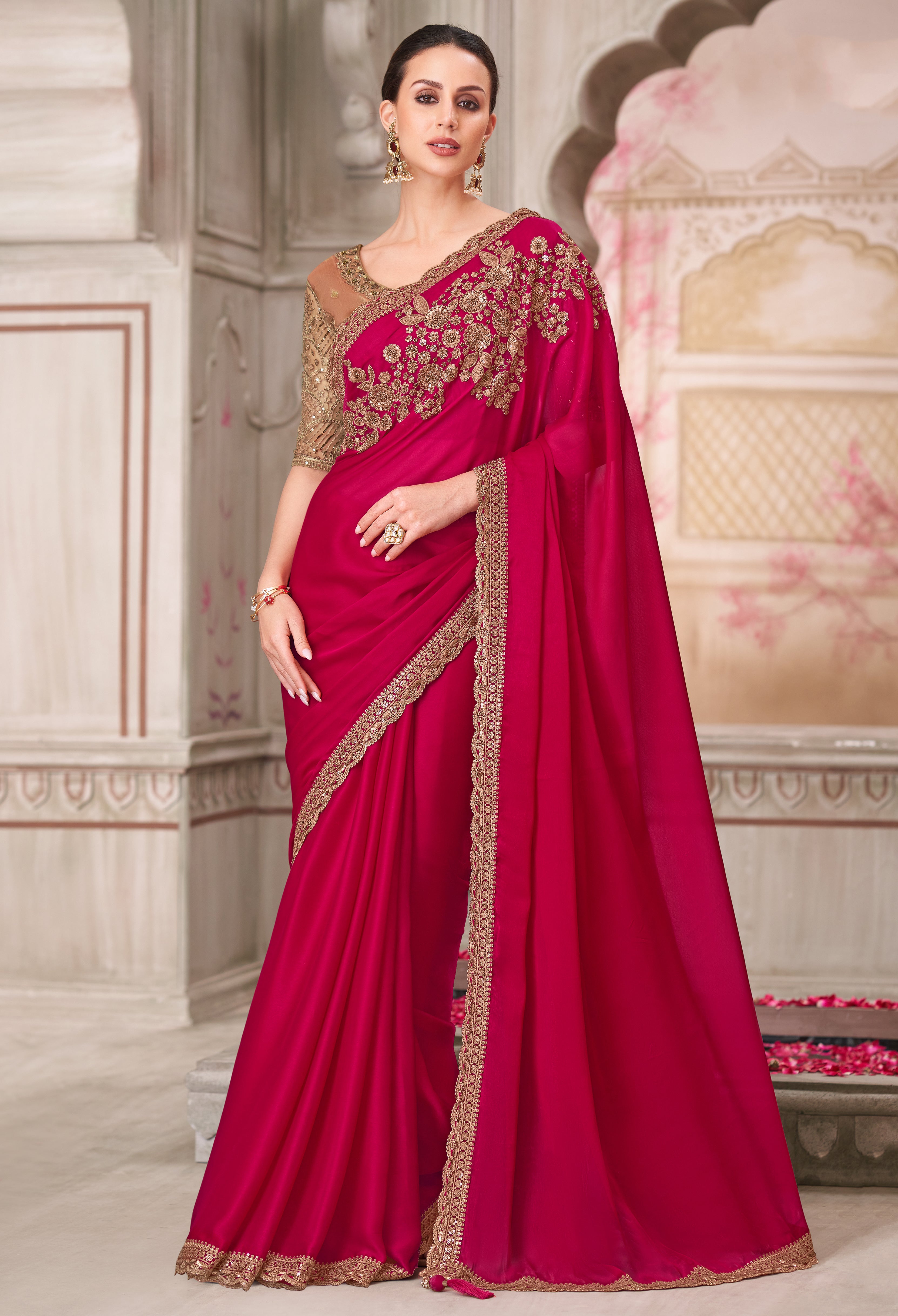 Rani Pink Saree With Heavy Thread Embroidery Sequins Border Work With Embroidery Blouse