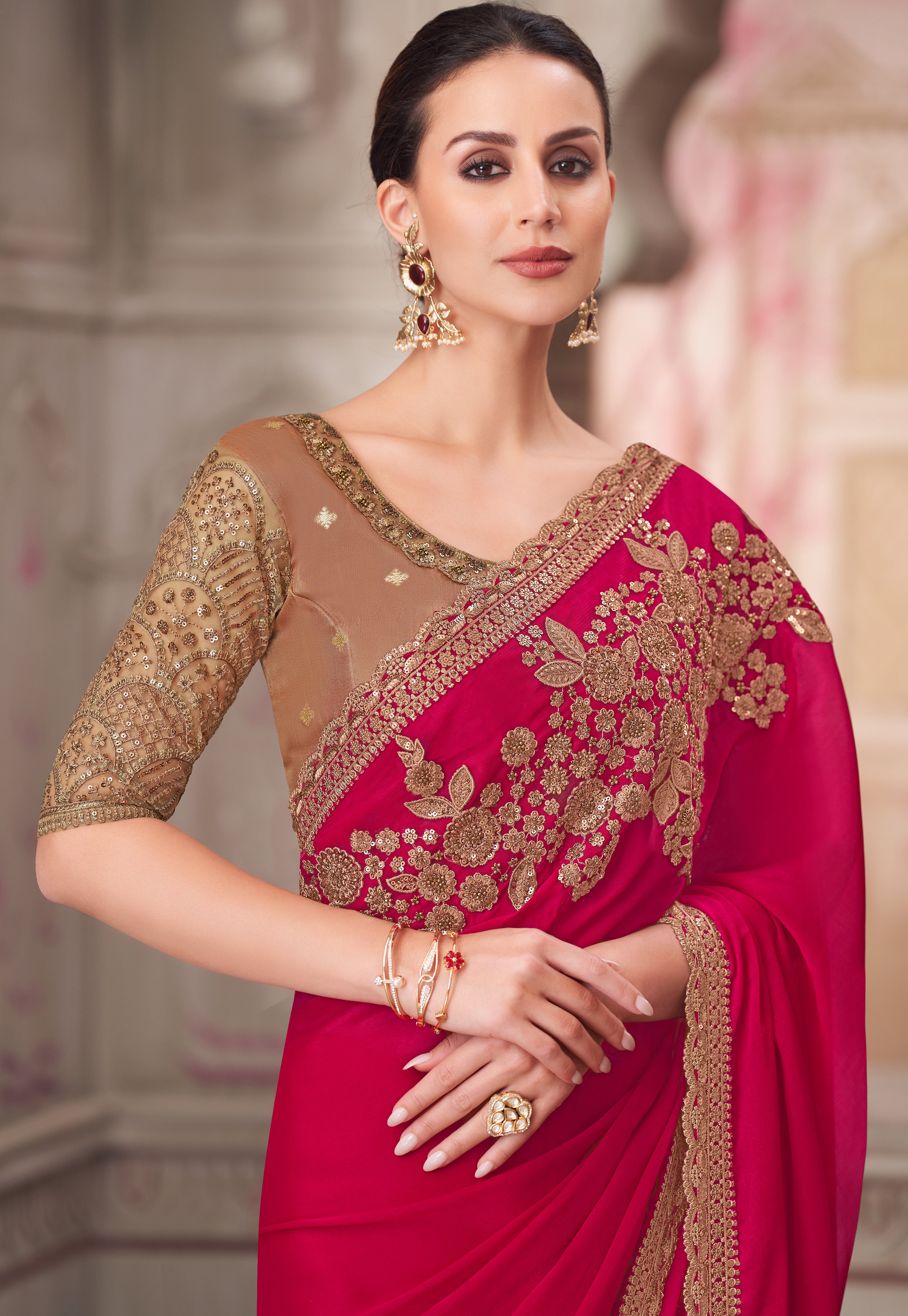Rani Pink Saree With Heavy Thread Embroidery Sequins Border Work With Embroidery Blouse