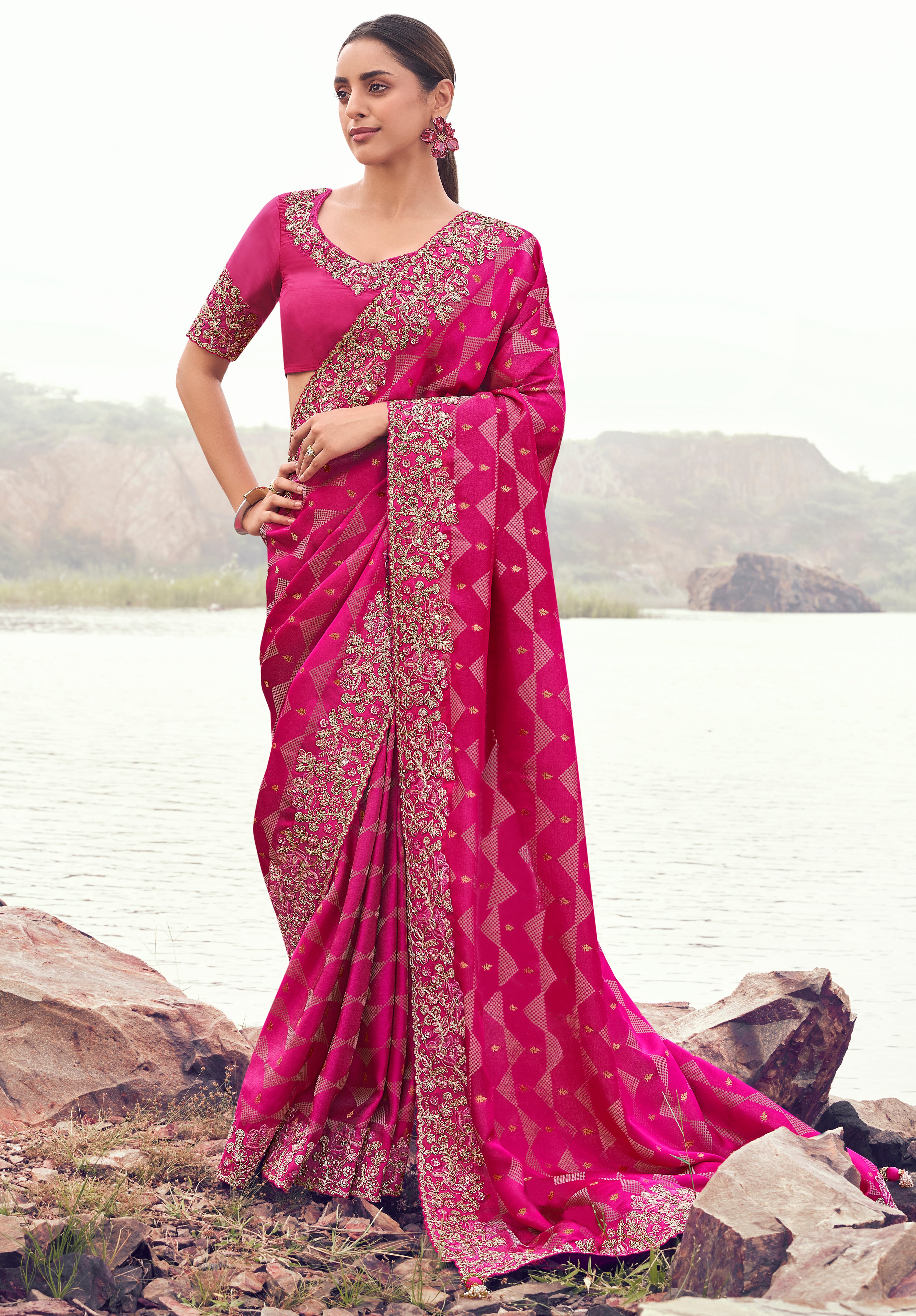 Rani Pink Saree With Jacquard Woven With Embroidered Border & Blouse