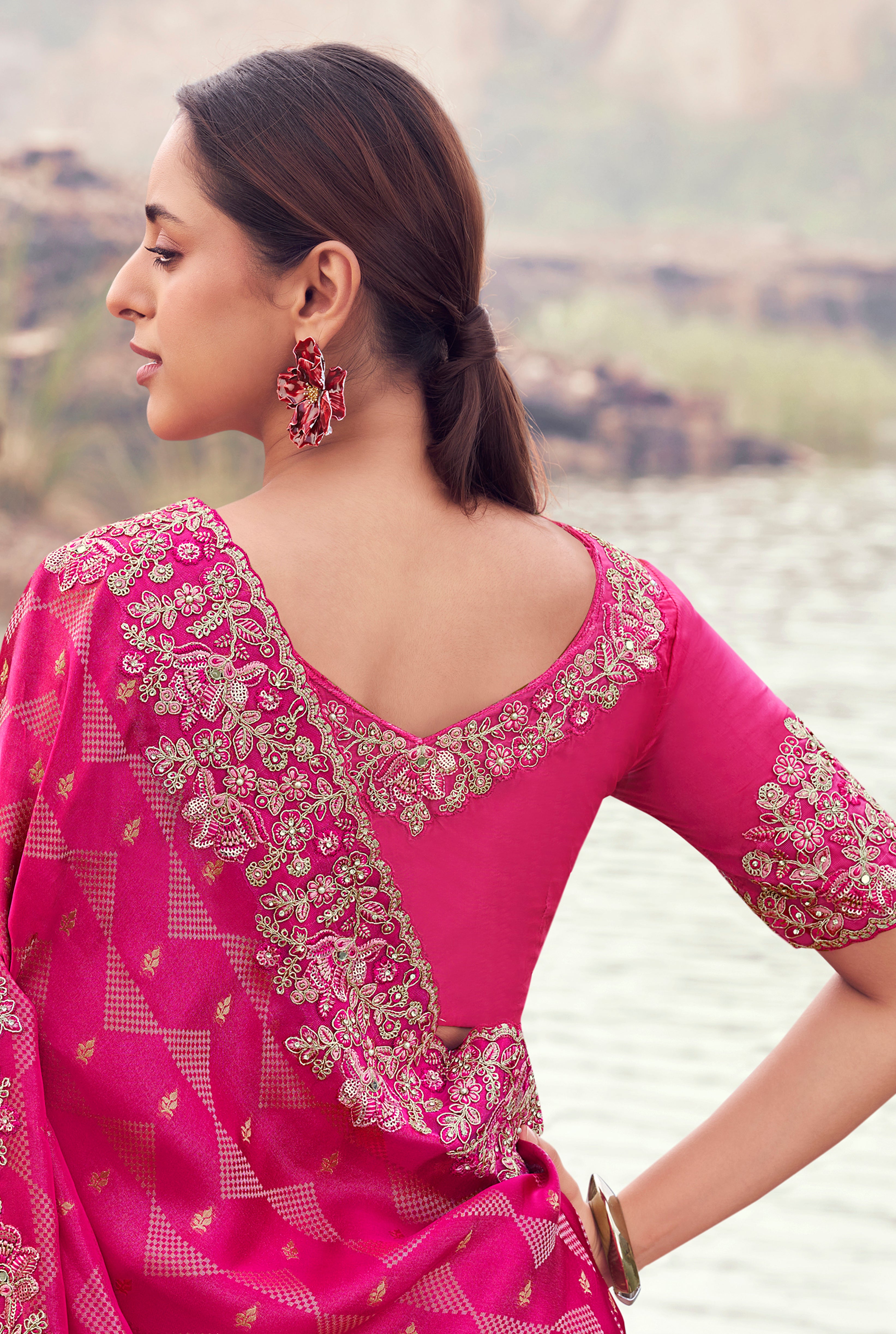 Rani Pink Saree With Jacquard Woven With Embroidered Border & Blouse