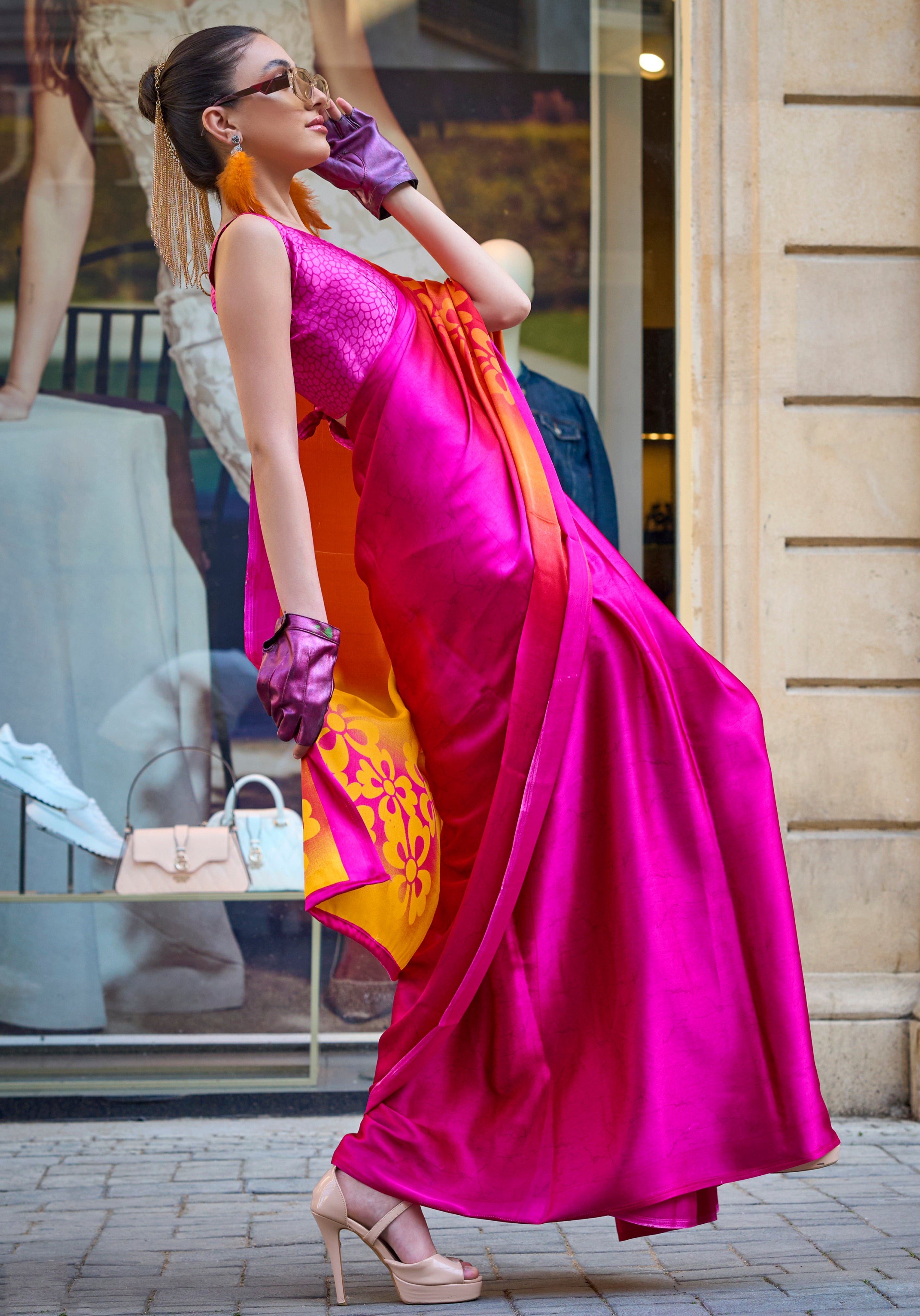 Rani Pink Satin Crepe Saree With Digital Print