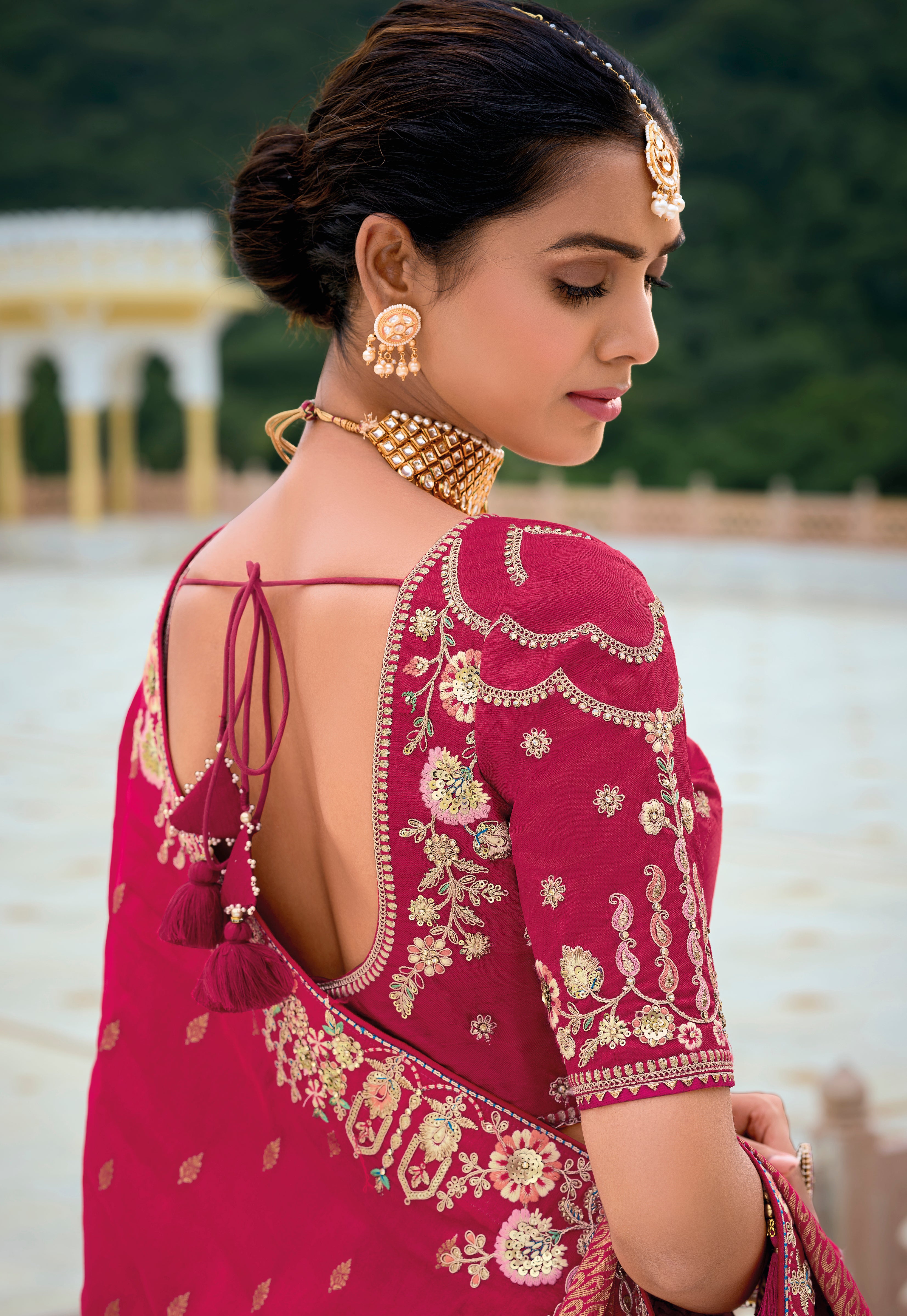 Rani Pink Silk Saree With Jacquard Woven and Embroidery Work