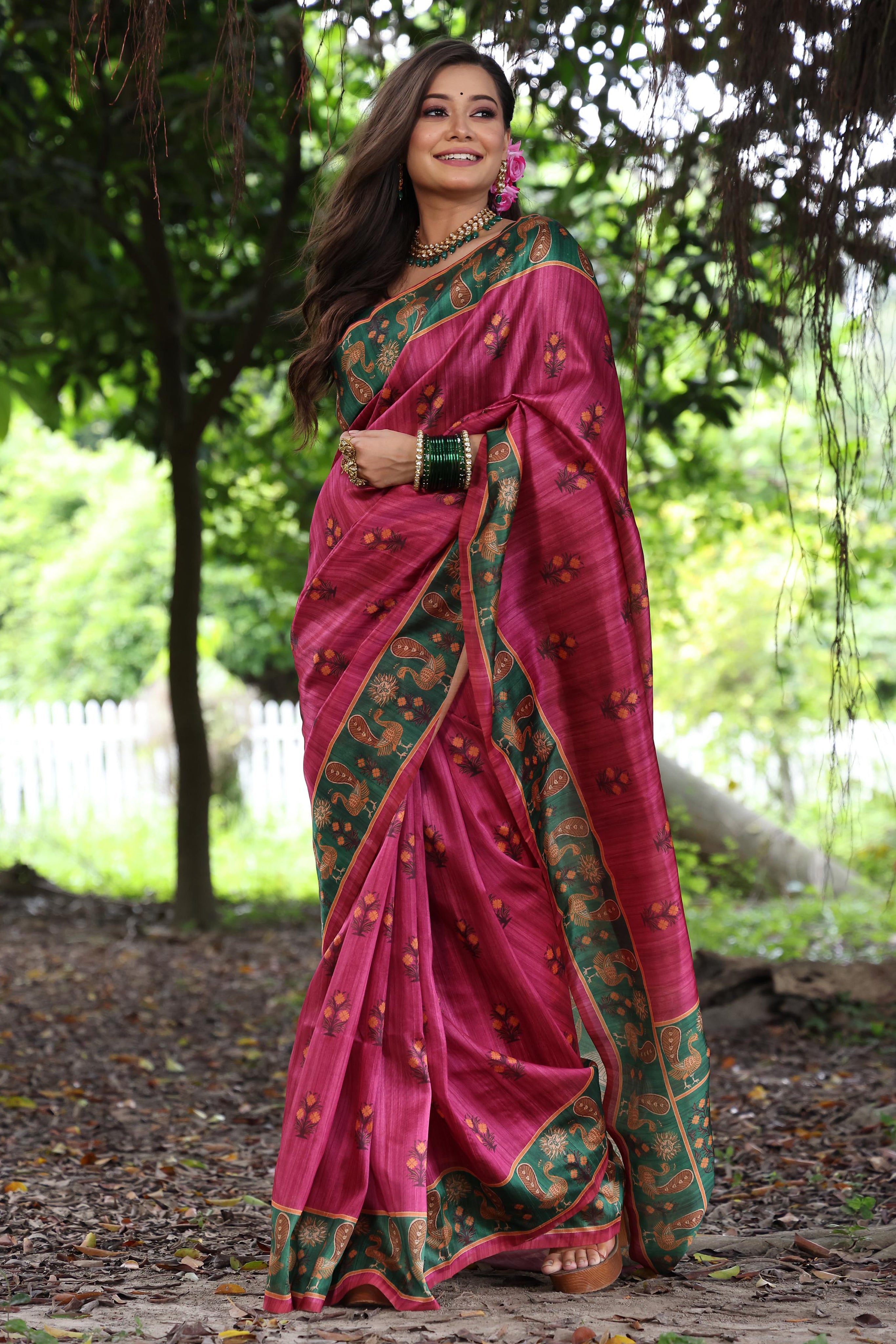 Rani Pink Tussar Silk Saree with Rich Printed Elegance