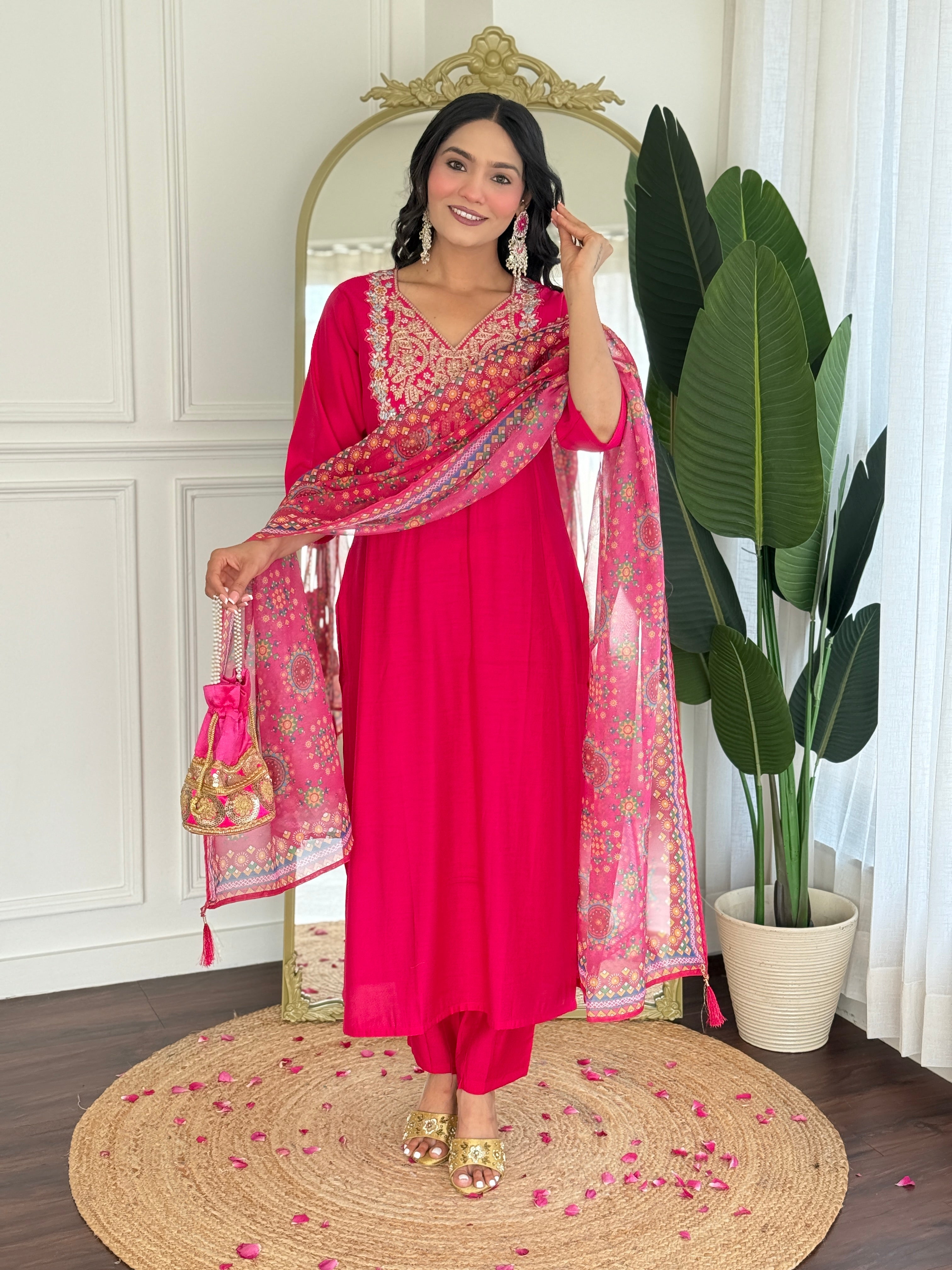 Rani Pink Viscose Blend Kurta Pant Set With Heavy Thread Embroidery Work With Printed Dupatta