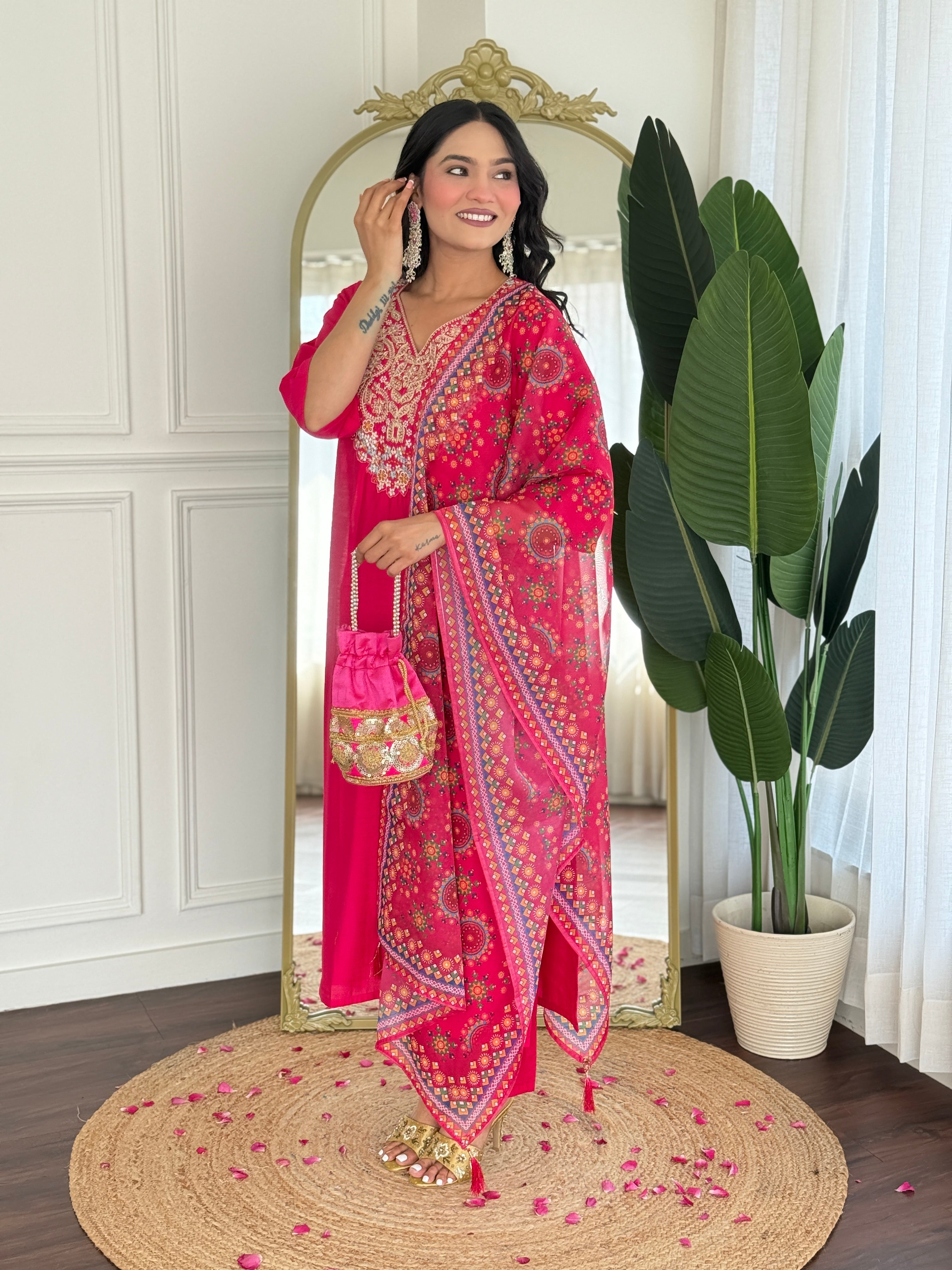 Rani Pink Viscose Blend Kurta Pant Set With Heavy Thread Embroidery Work With Printed Dupatta