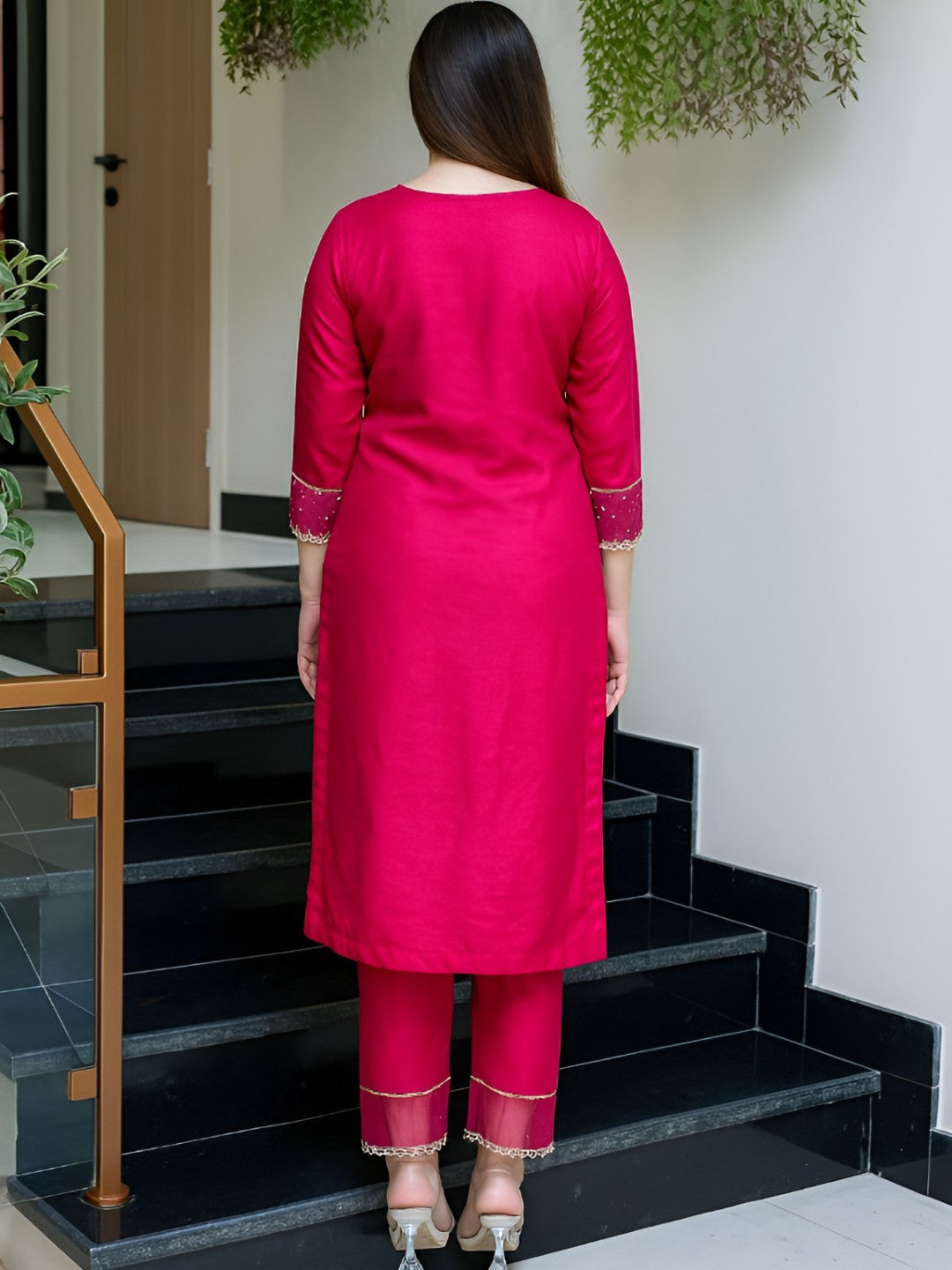 Rani Pink Viscose Chanderi Kurta Pant Set With Heavy Thread Embroidered Work