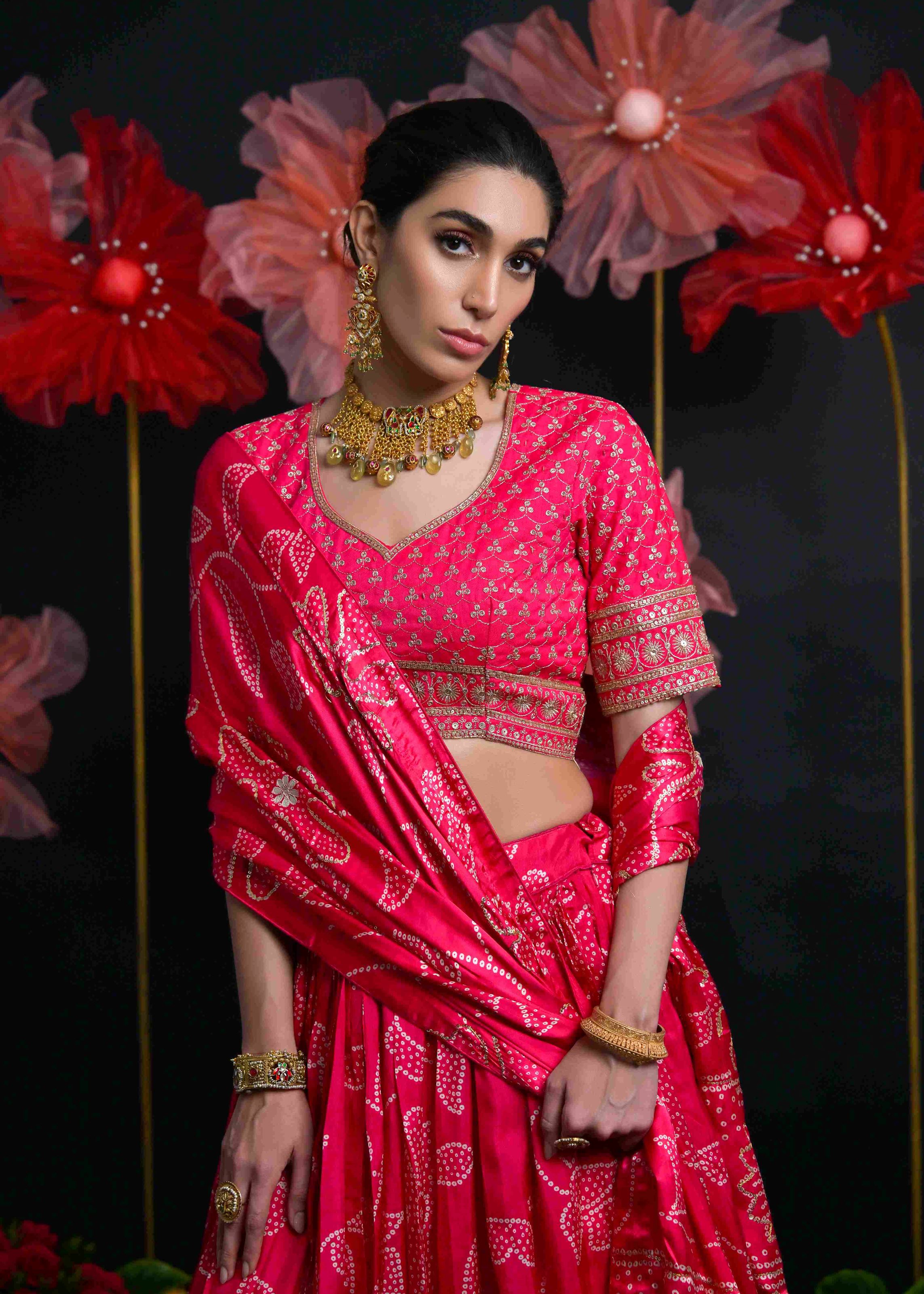Rani Pink Viscose Russian Lehenga Choli With Print With Thread Embroidery Work With Embroidery Blouse