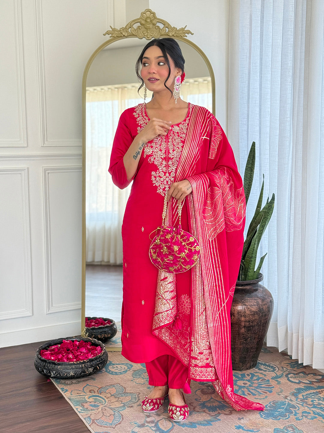 Rani Roman Silk Elegant Kurta Pant Set With Embroidery Work