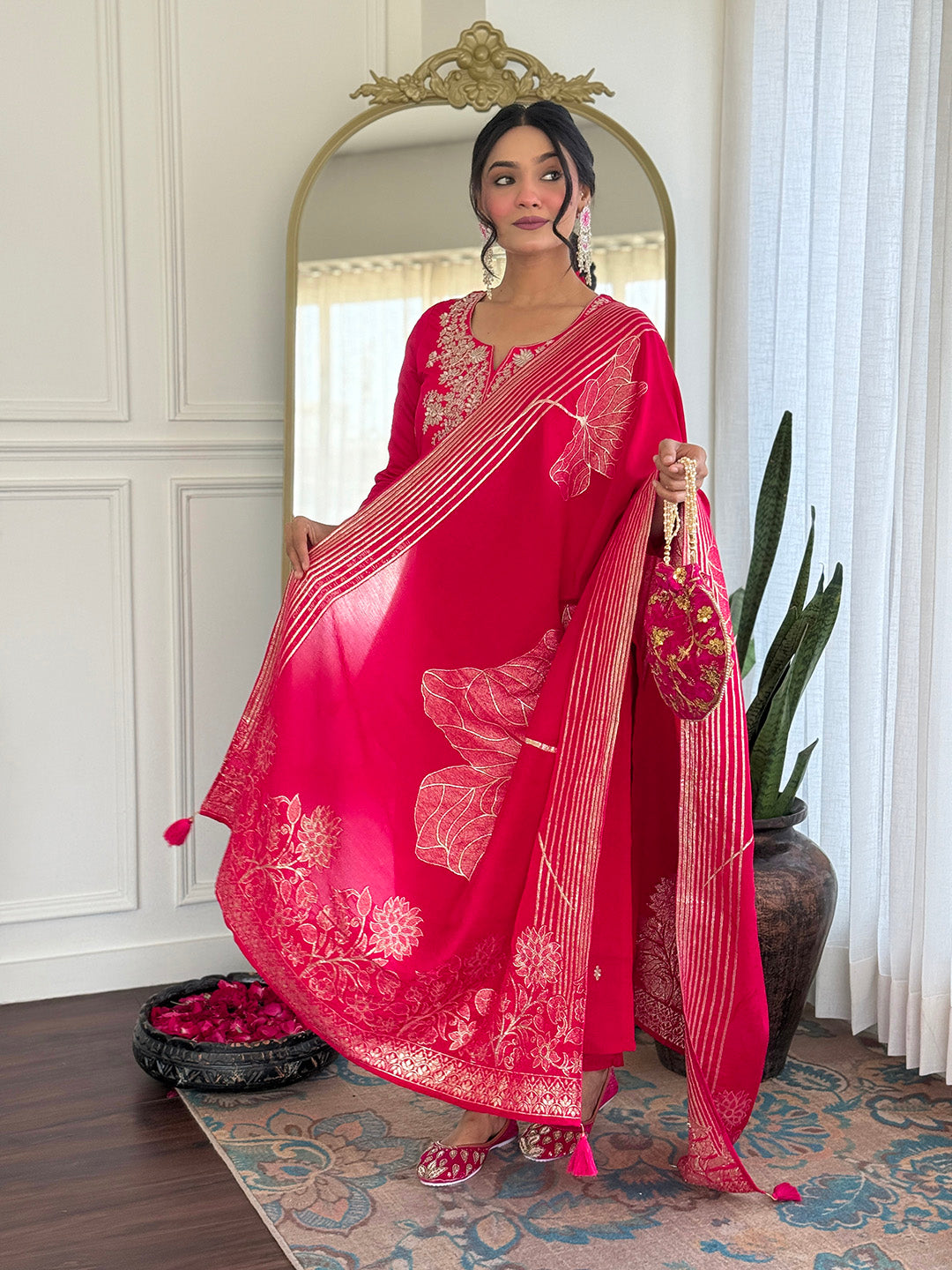 Rani Roman Silk Elegant Kurta Pant Set With Embroidery Work