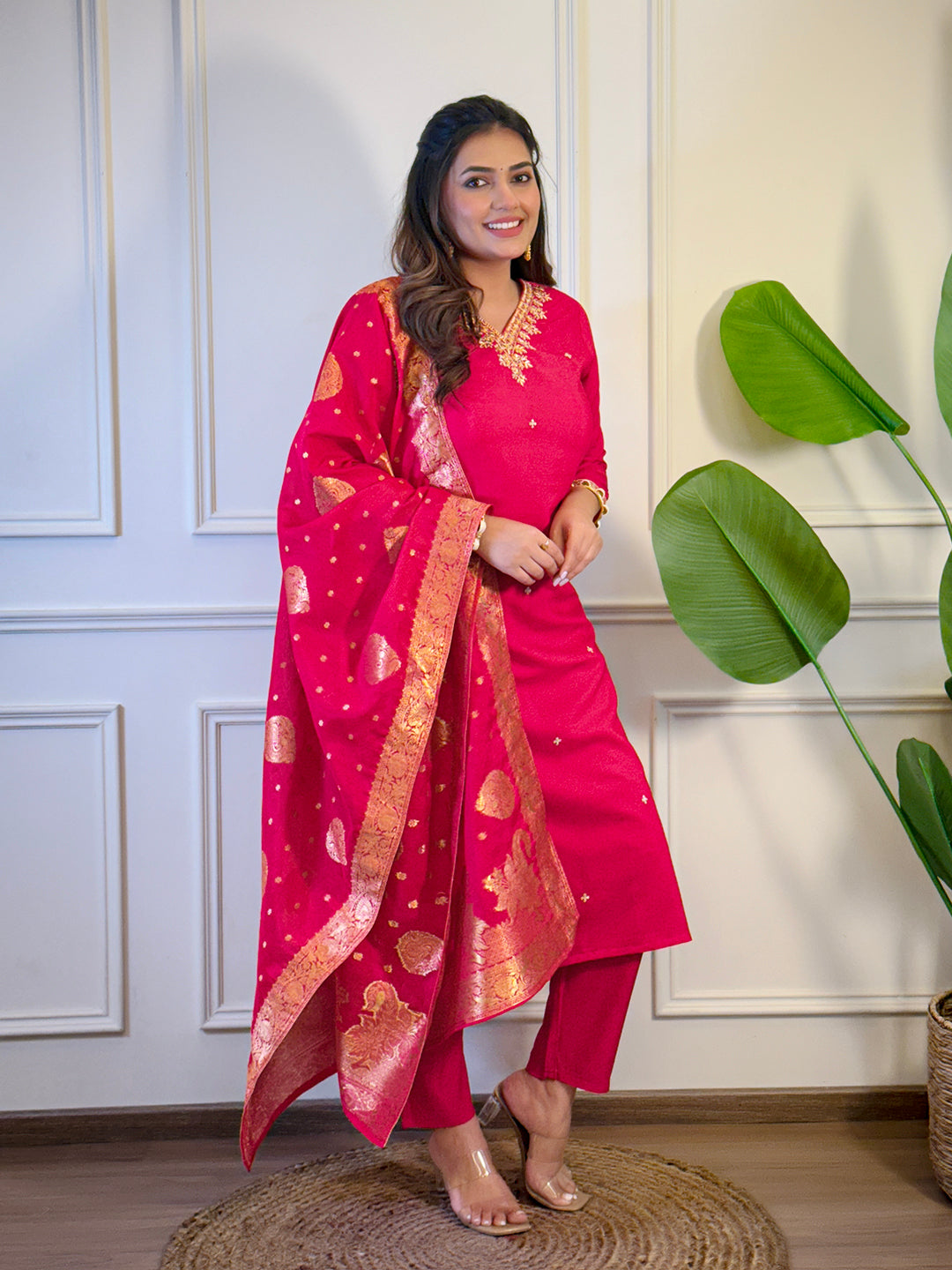 Rani Viscose Elegant Kurta Pant Set With Embroidery Work