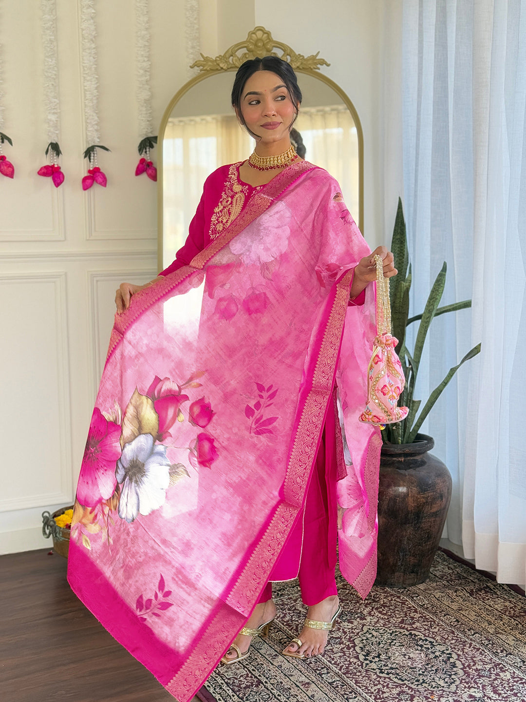 Rani Viscose Elegant Kurta Pant Set With Embroidery Work