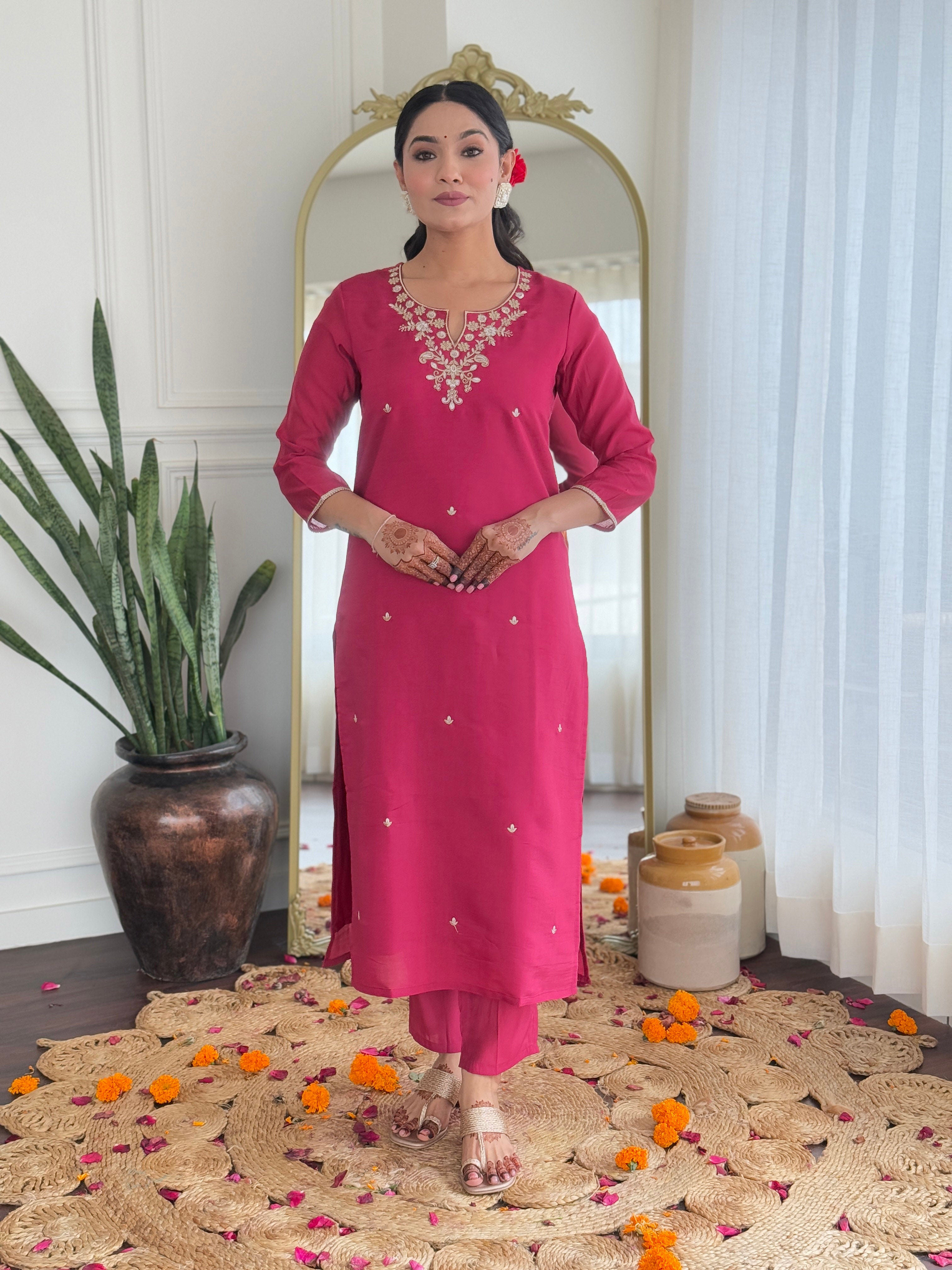 Rani Viscose Silk Elegant Kurta Pant Set With Embroidery Work