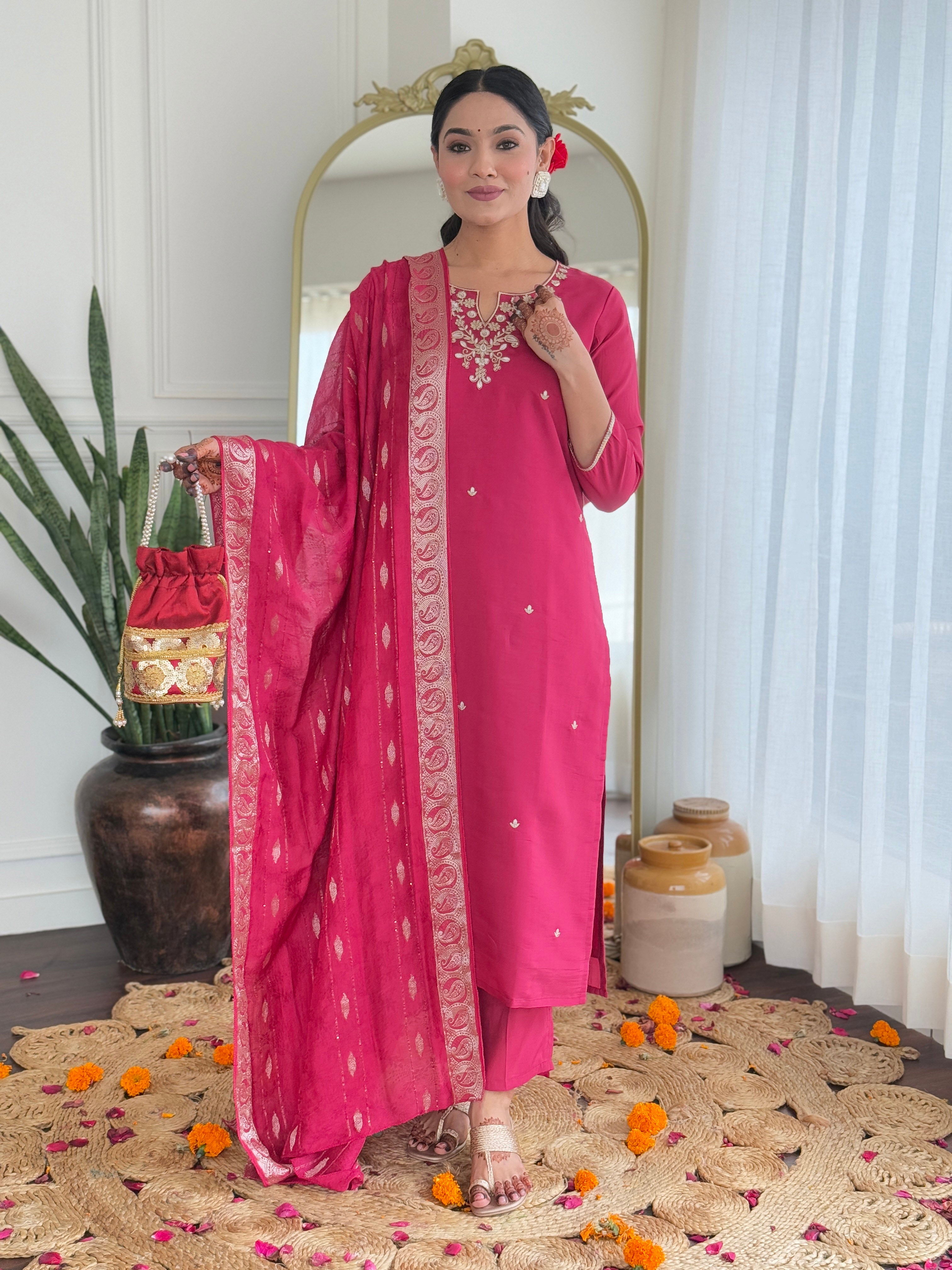 Rani Viscose Silk Elegant Kurta Pant Set With Embroidery Work