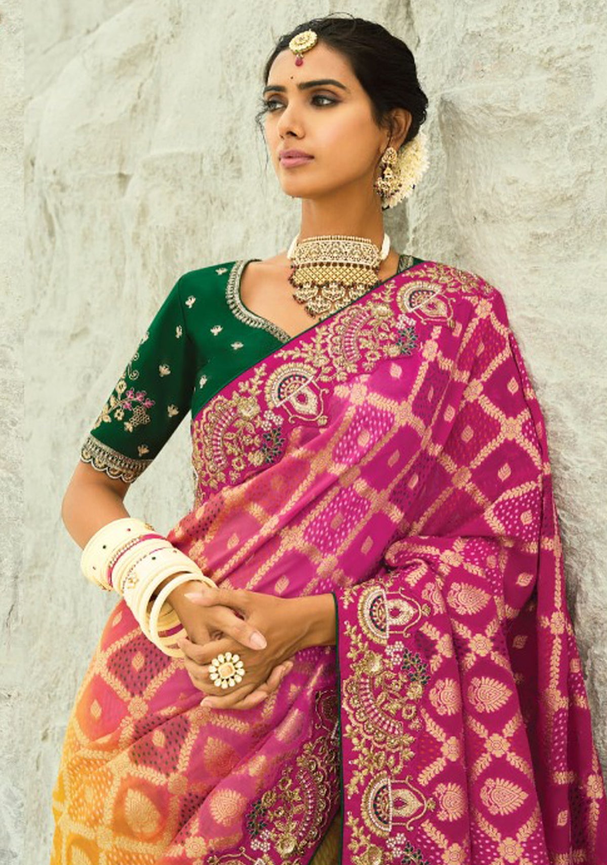 Rani, Yellow & Pink Bandhej Saree with Heavy Hand Work Border With Embroidery Blouse